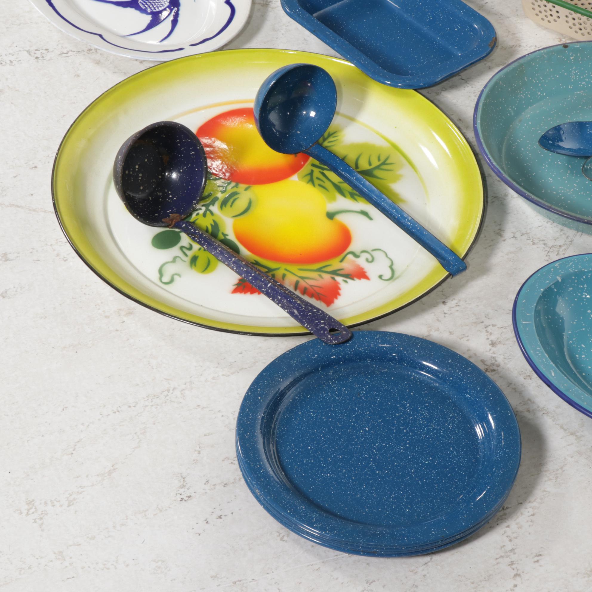 Stoneware Water Cooler with Spatterware and Other Enamelware and Dishes