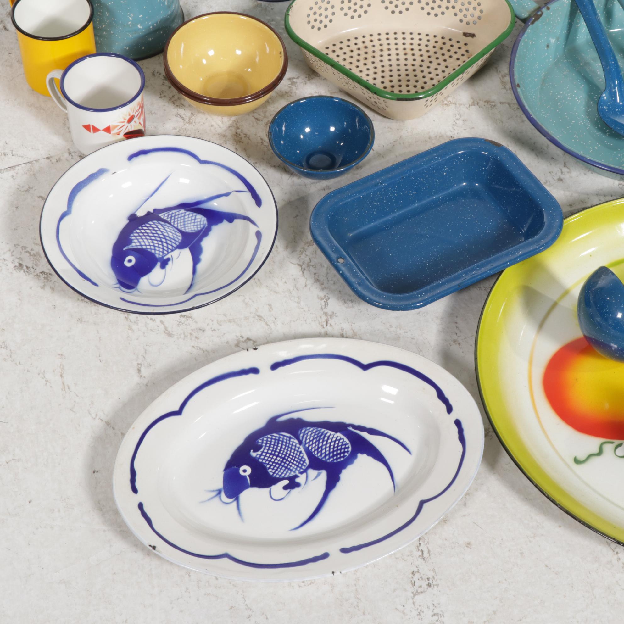 Stoneware Water Cooler with Spatterware and Other Enamelware and Dishes