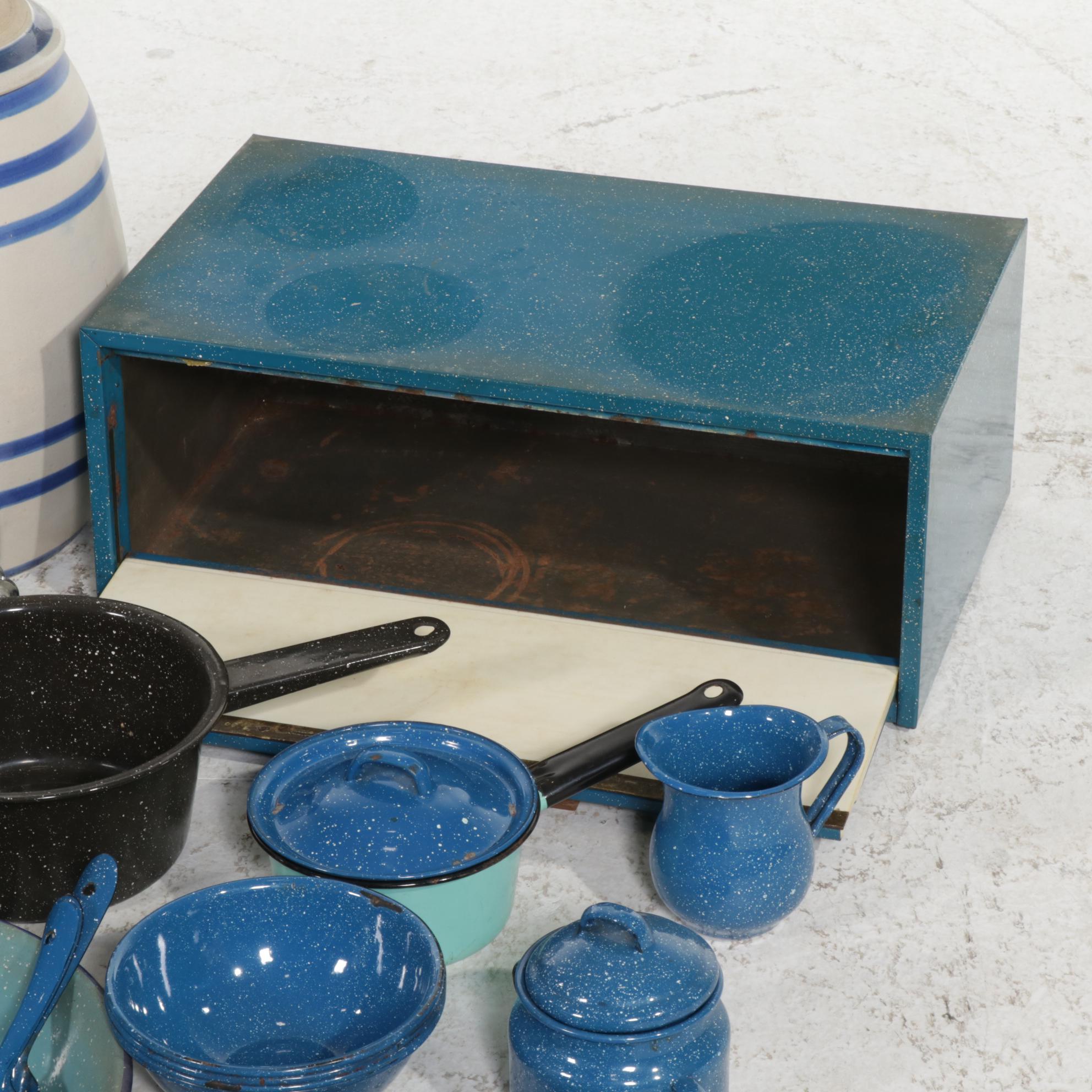 Stoneware Water Cooler with Spatterware and Other Enamelware and Dishes