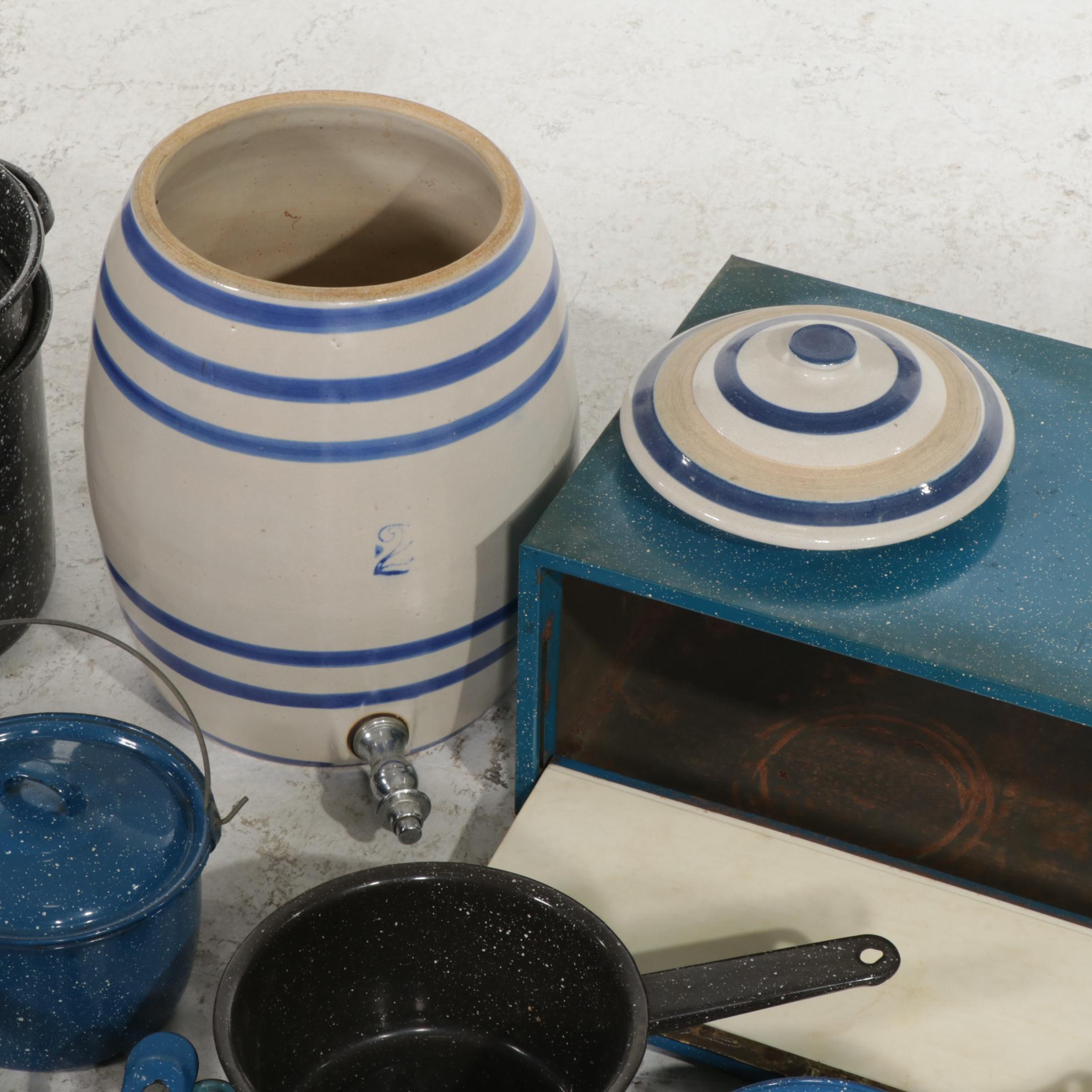 Stoneware Water Cooler with Spatterware and Other Enamelware and Dishes