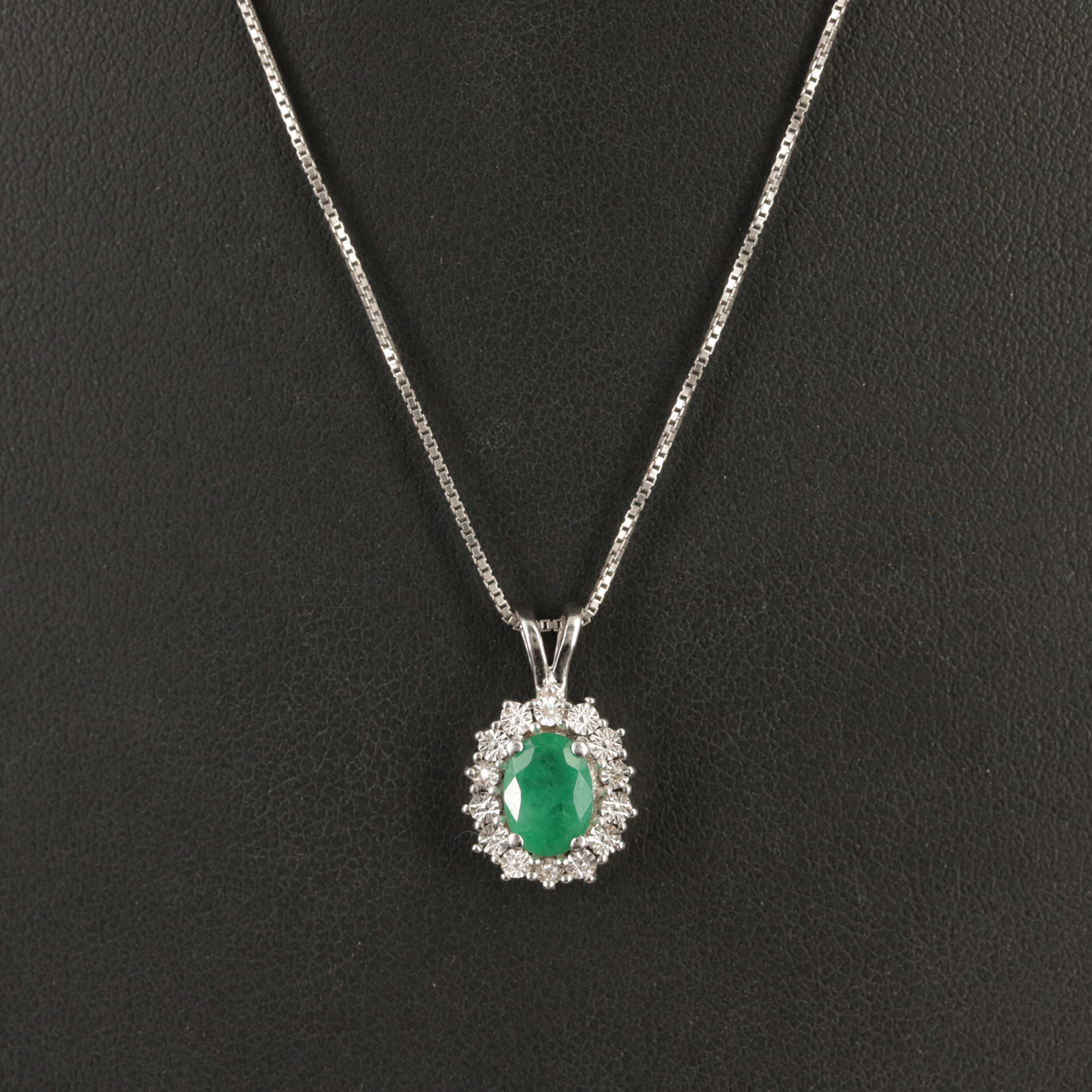 Sterling Emerald and Diamond Pendant Necklace