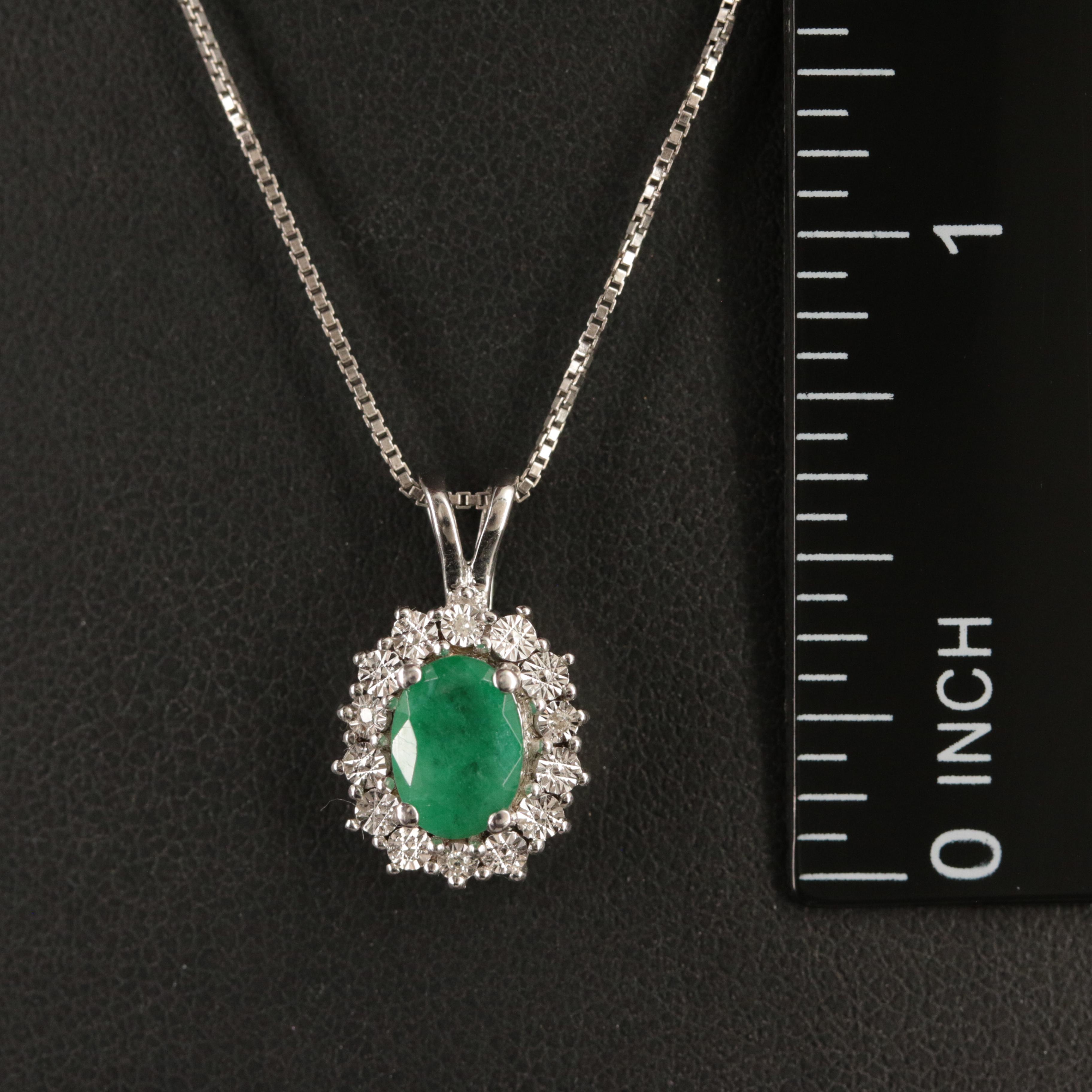 Sterling Emerald and Diamond Pendant Necklace