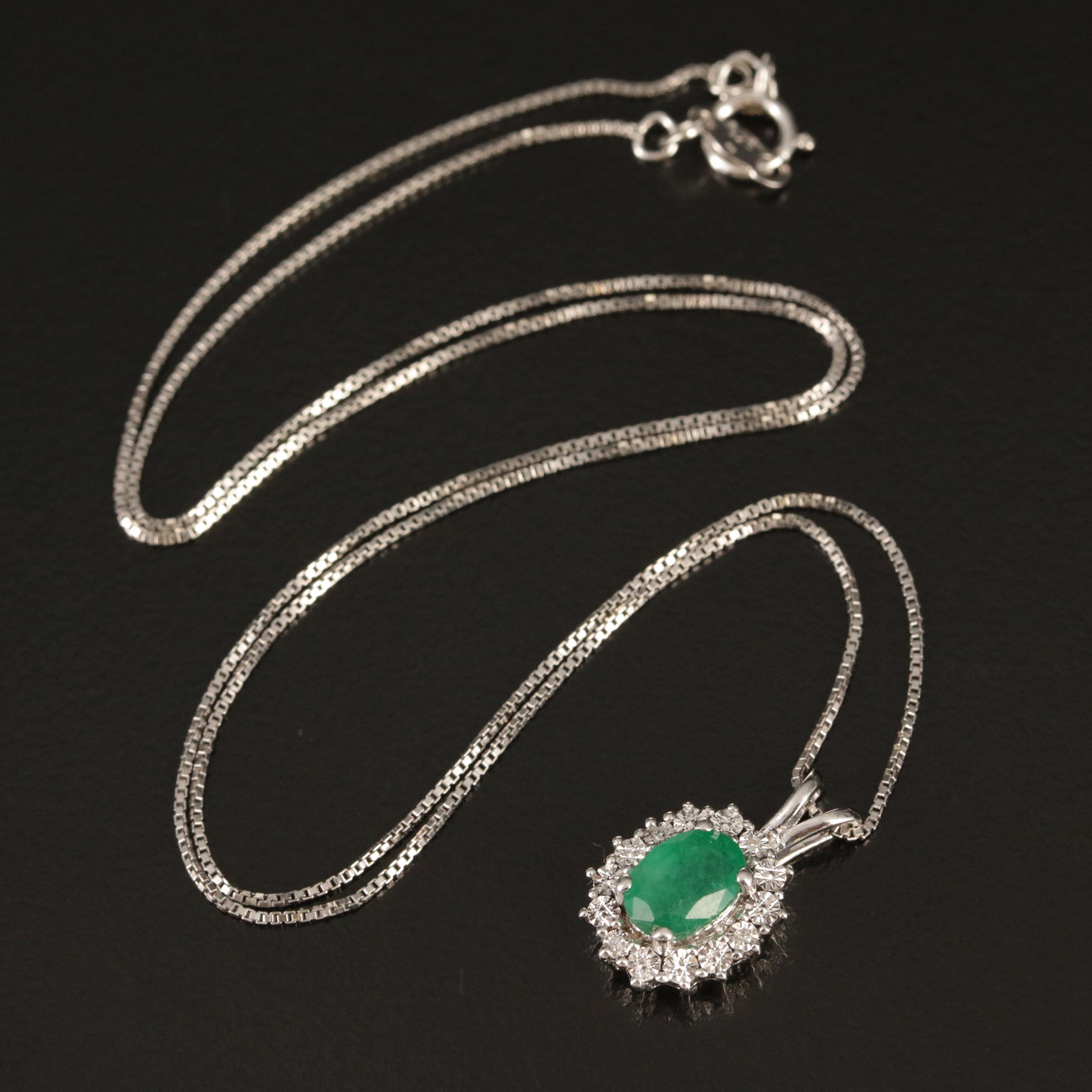 Sterling Emerald and Diamond Pendant Necklace