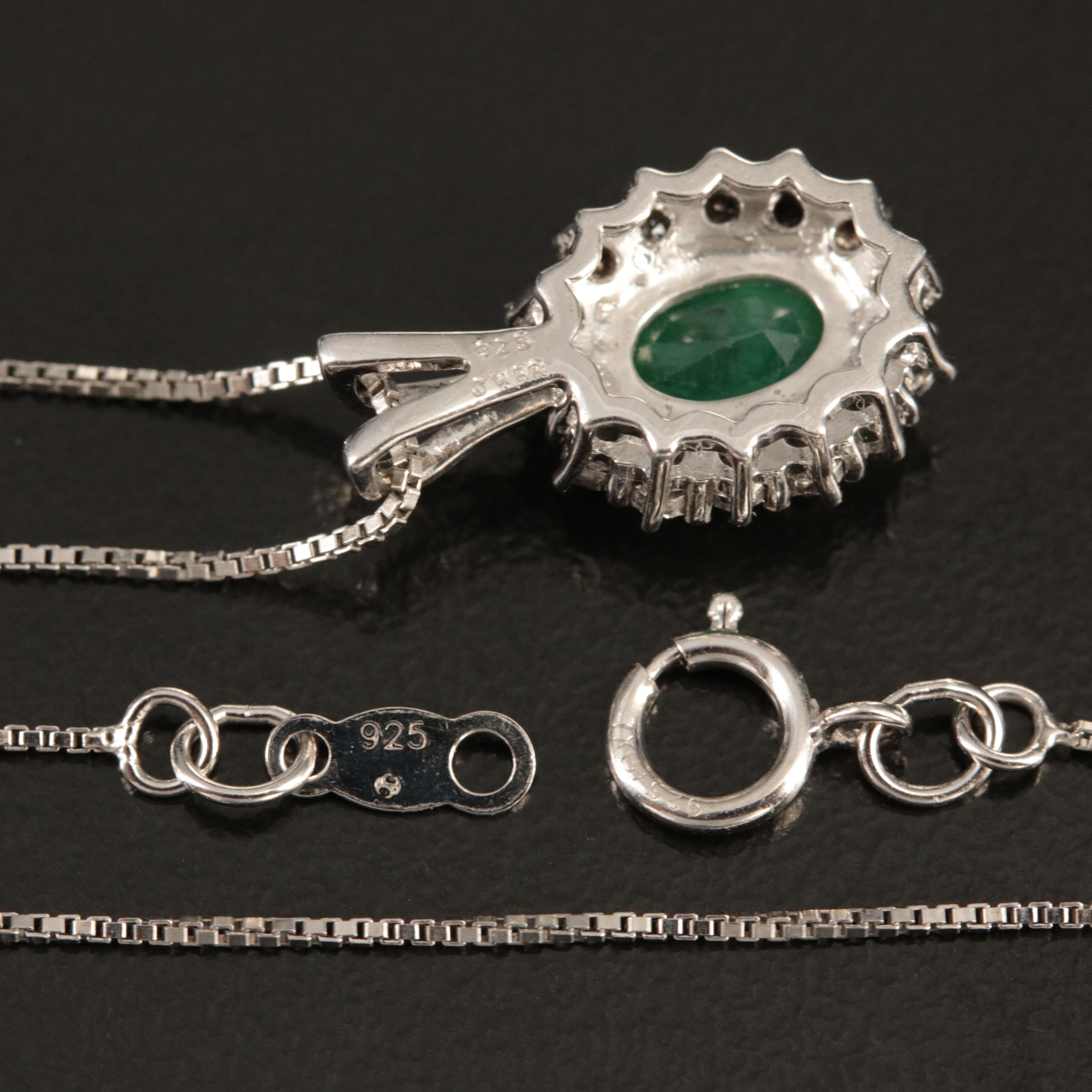 Sterling Emerald and Diamond Pendant Necklace
