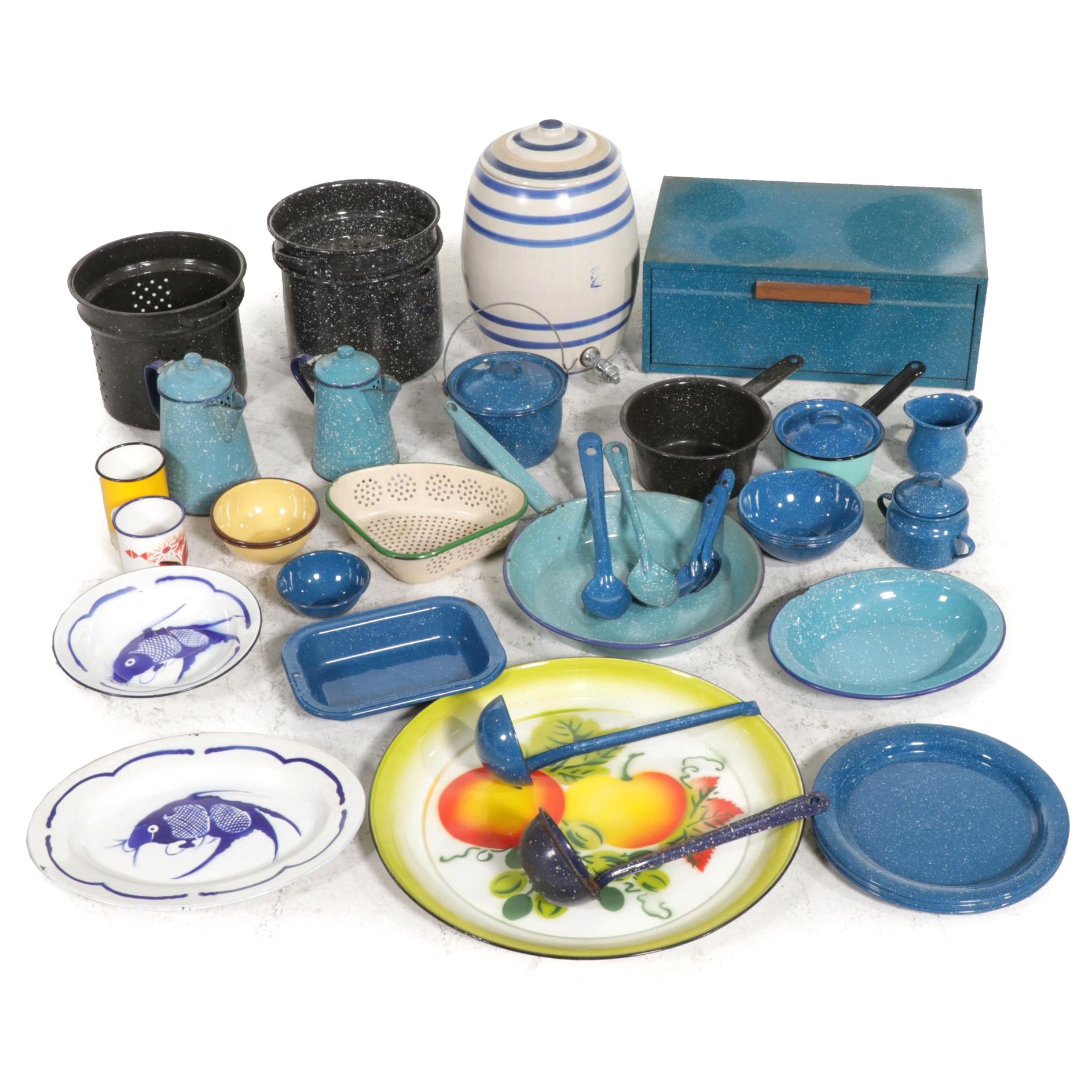 Stoneware Water Cooler with Spatterware and Other Enamelware and Dishes