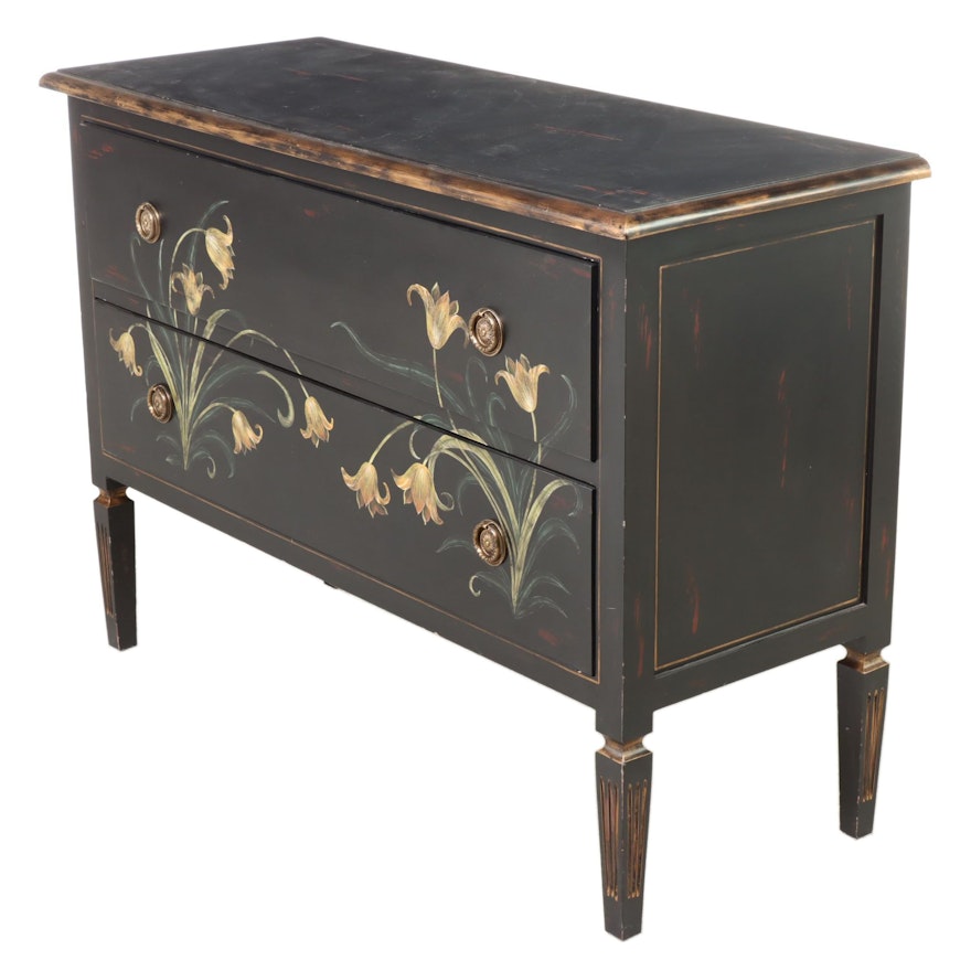 Directoire Style Ebonized, Parcel-Gilt, and Paint-Decorated Two-Drawer Commode
