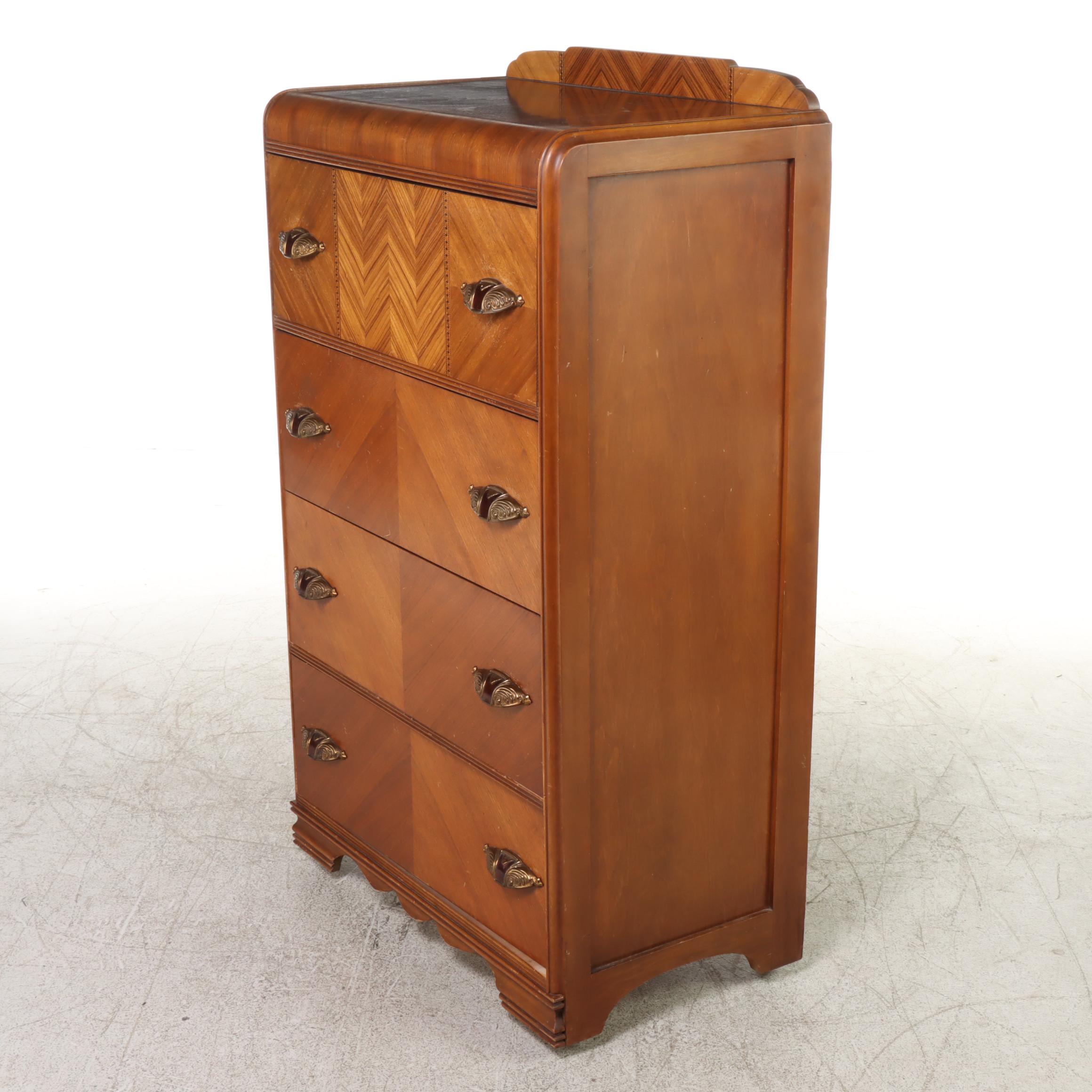 Art Deco Walnut Waterfall Veneer Chest of Drawers, 1930s