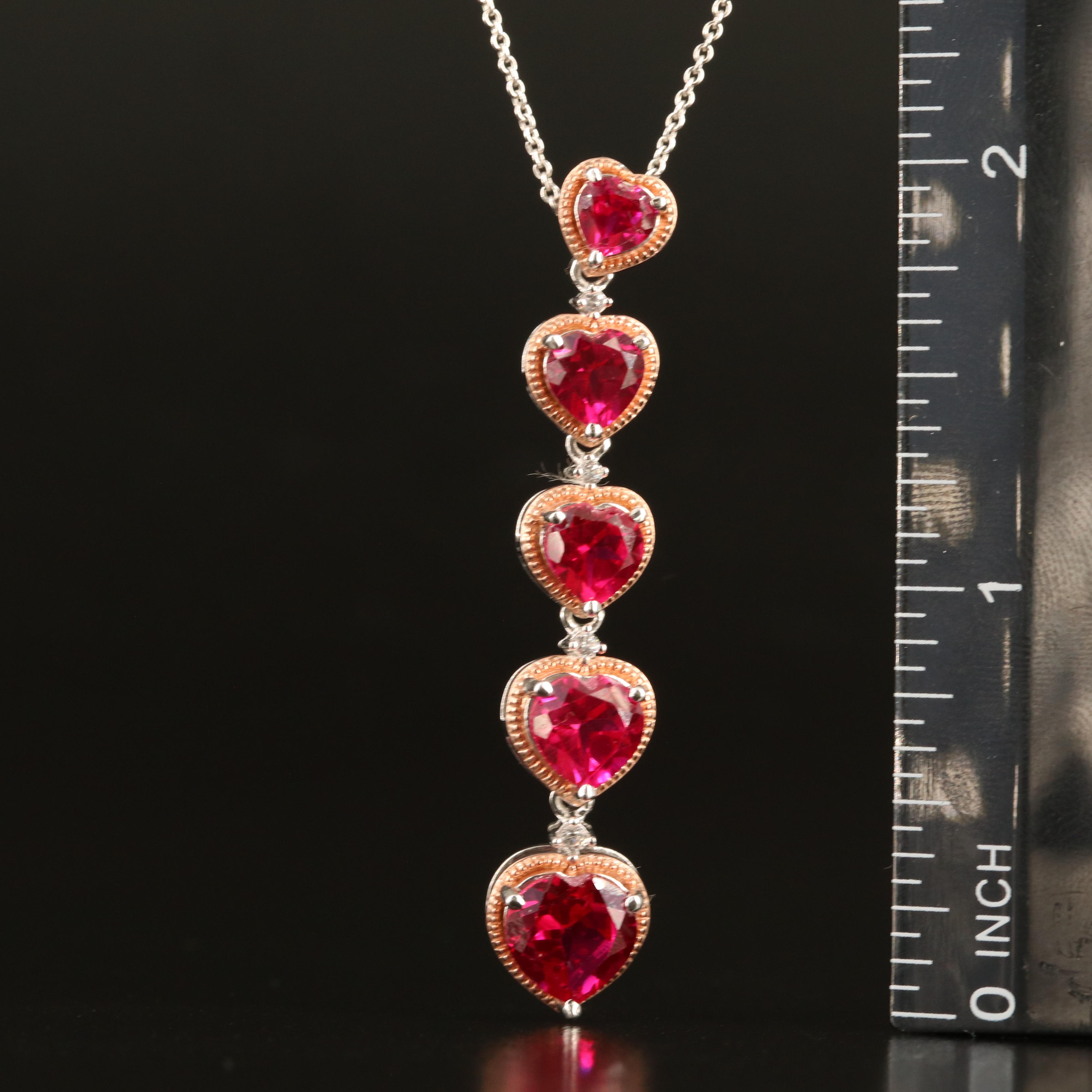 Sterling Ruby and White Sapphire Graduated Heart Pendant Necklace