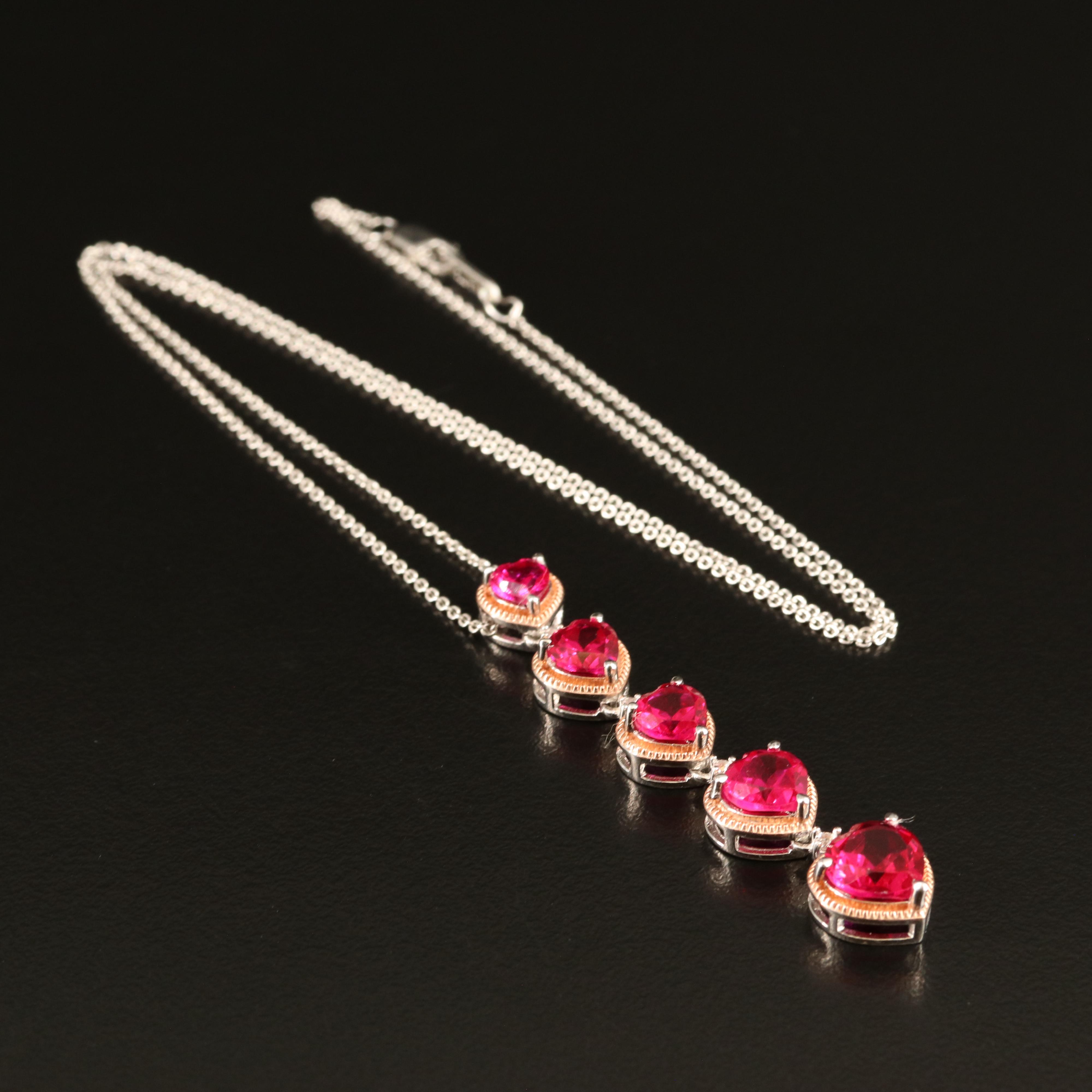 Sterling Ruby and White Sapphire Graduated Heart Pendant Necklace