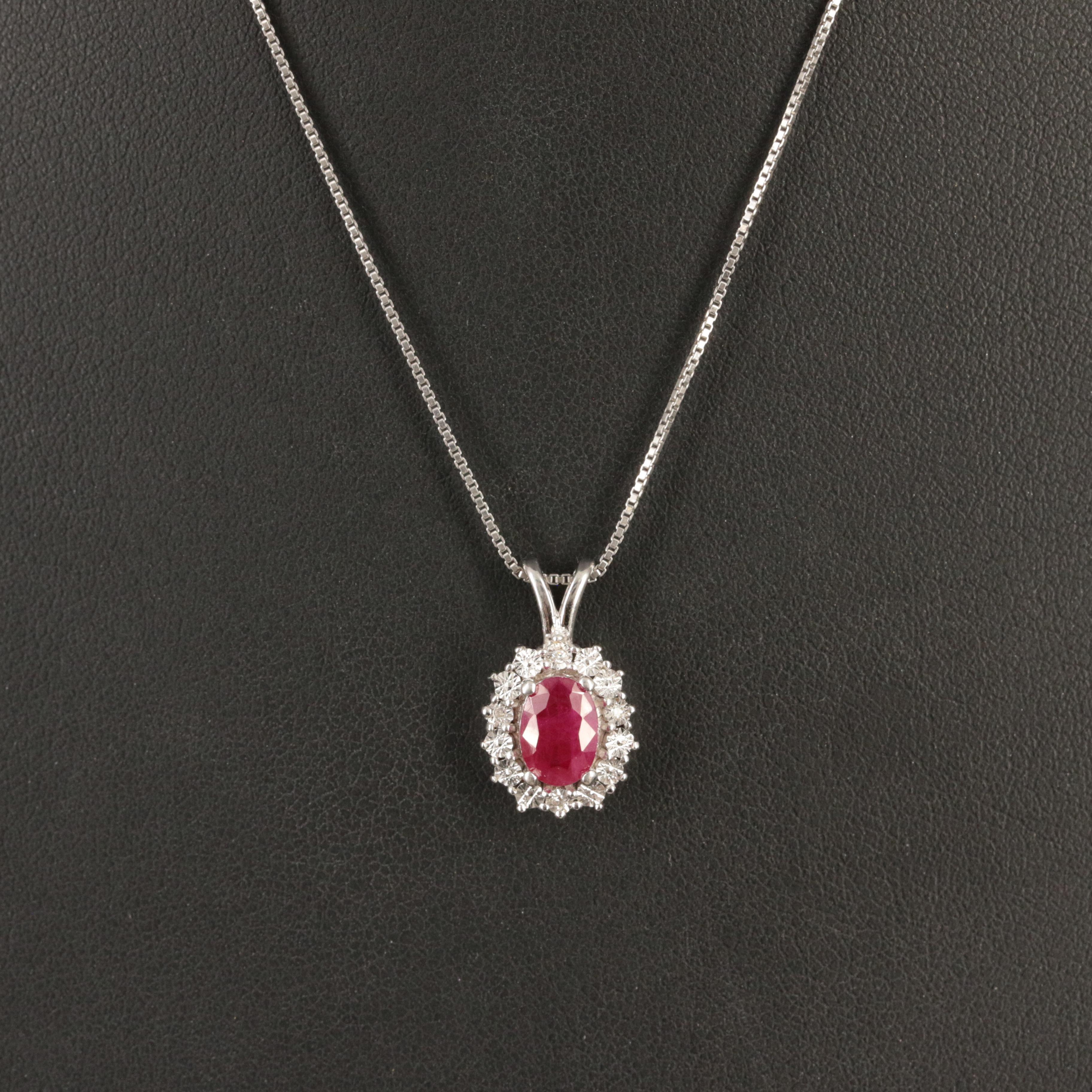 Sterling Ruby and Diamond Pendant Necklace