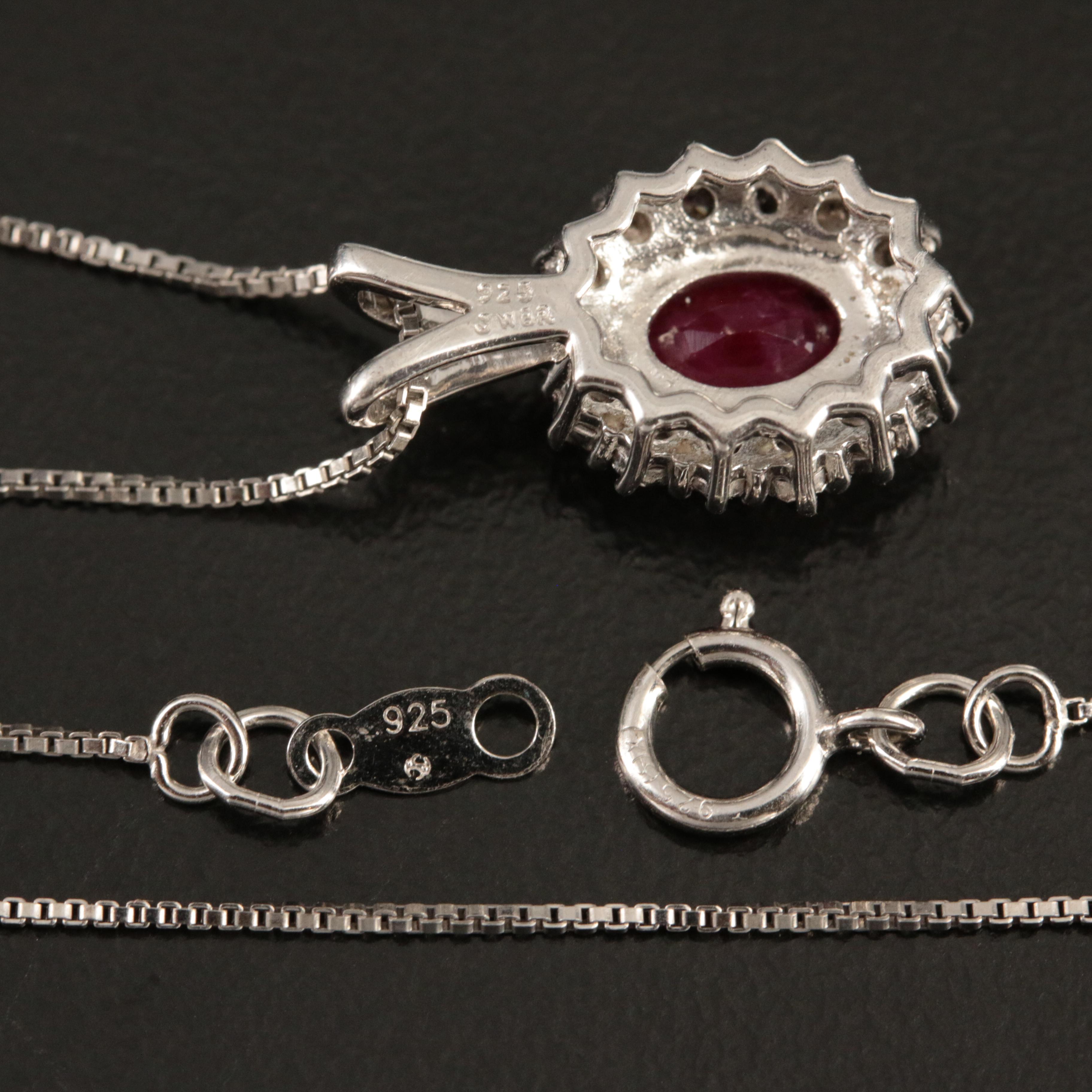 Sterling Ruby and Diamond Pendant Necklace