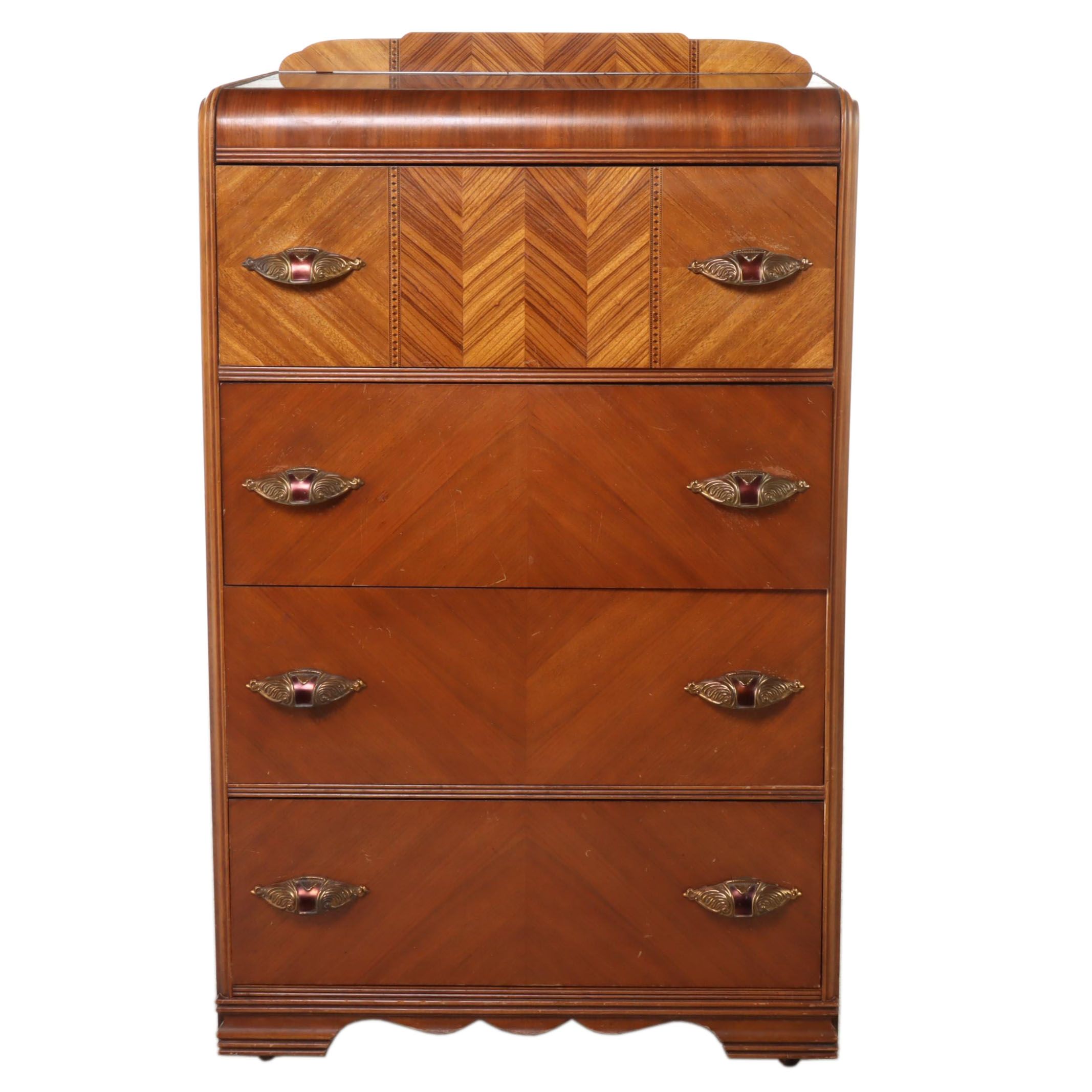 Art Deco Walnut Waterfall Veneer Chest of Drawers, 1930s