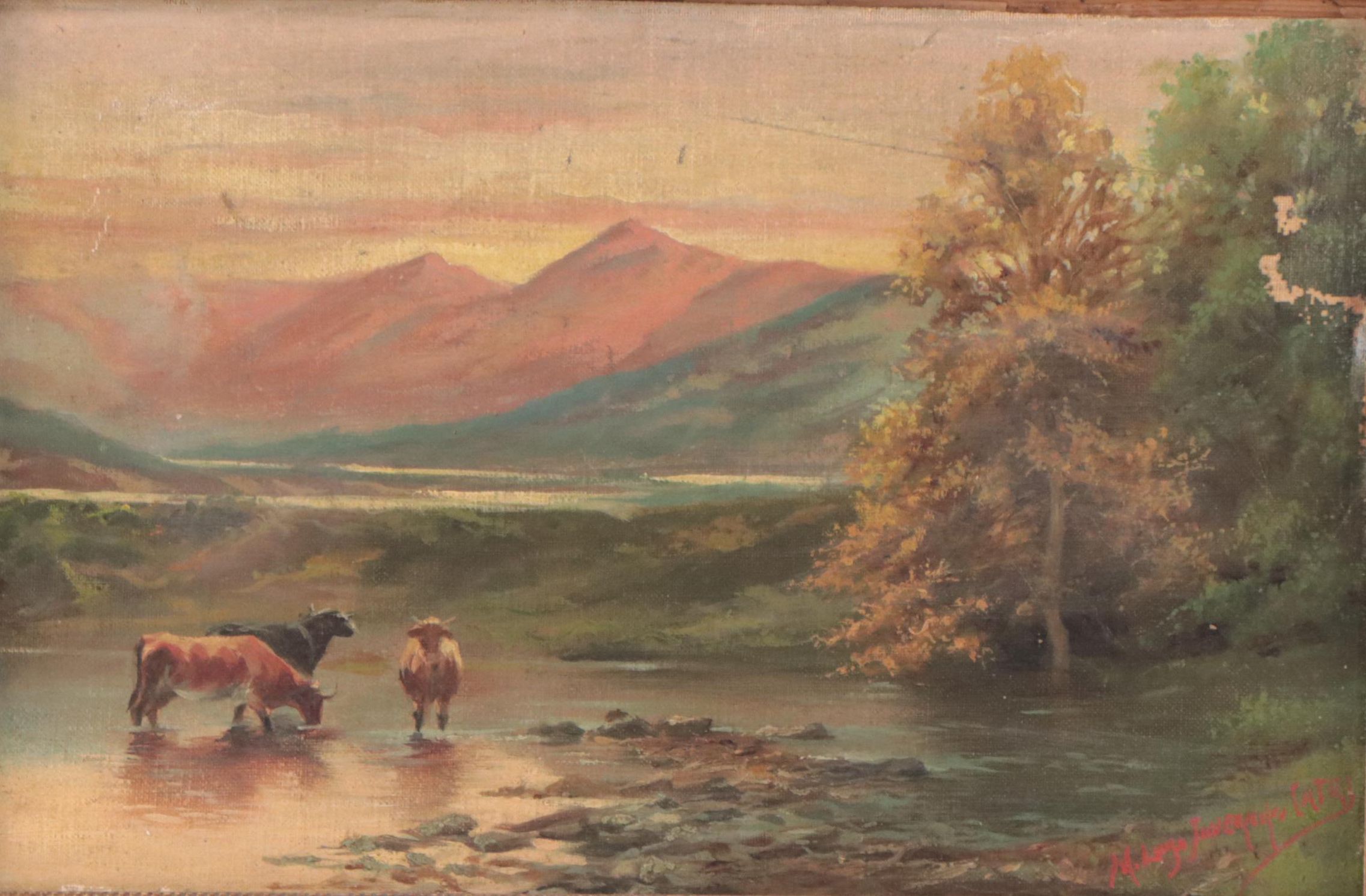 Oil Painting of Cows in Alpine Landscape