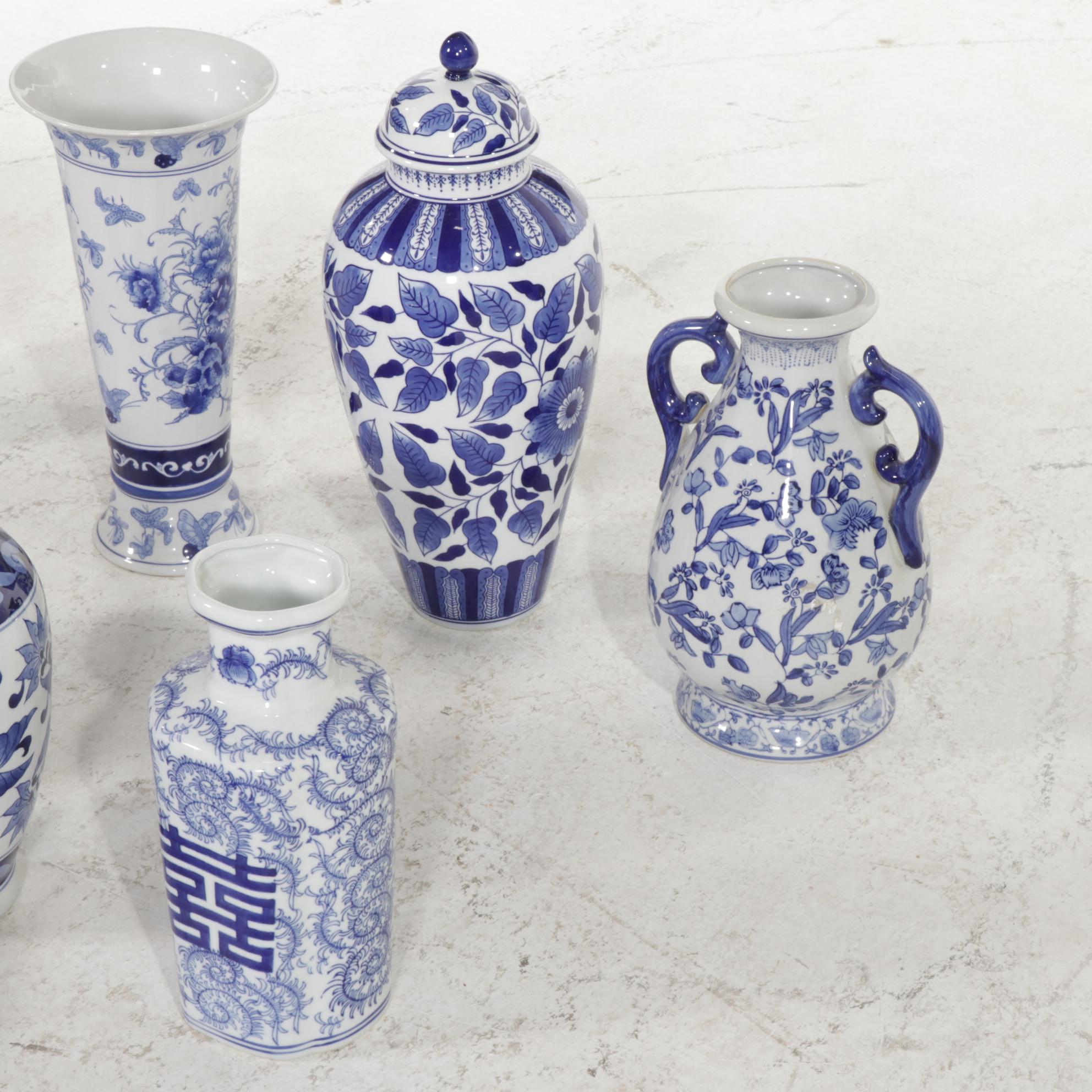 Chinese Blue and White and Other Delft Vases, Ginger Jar and Colander