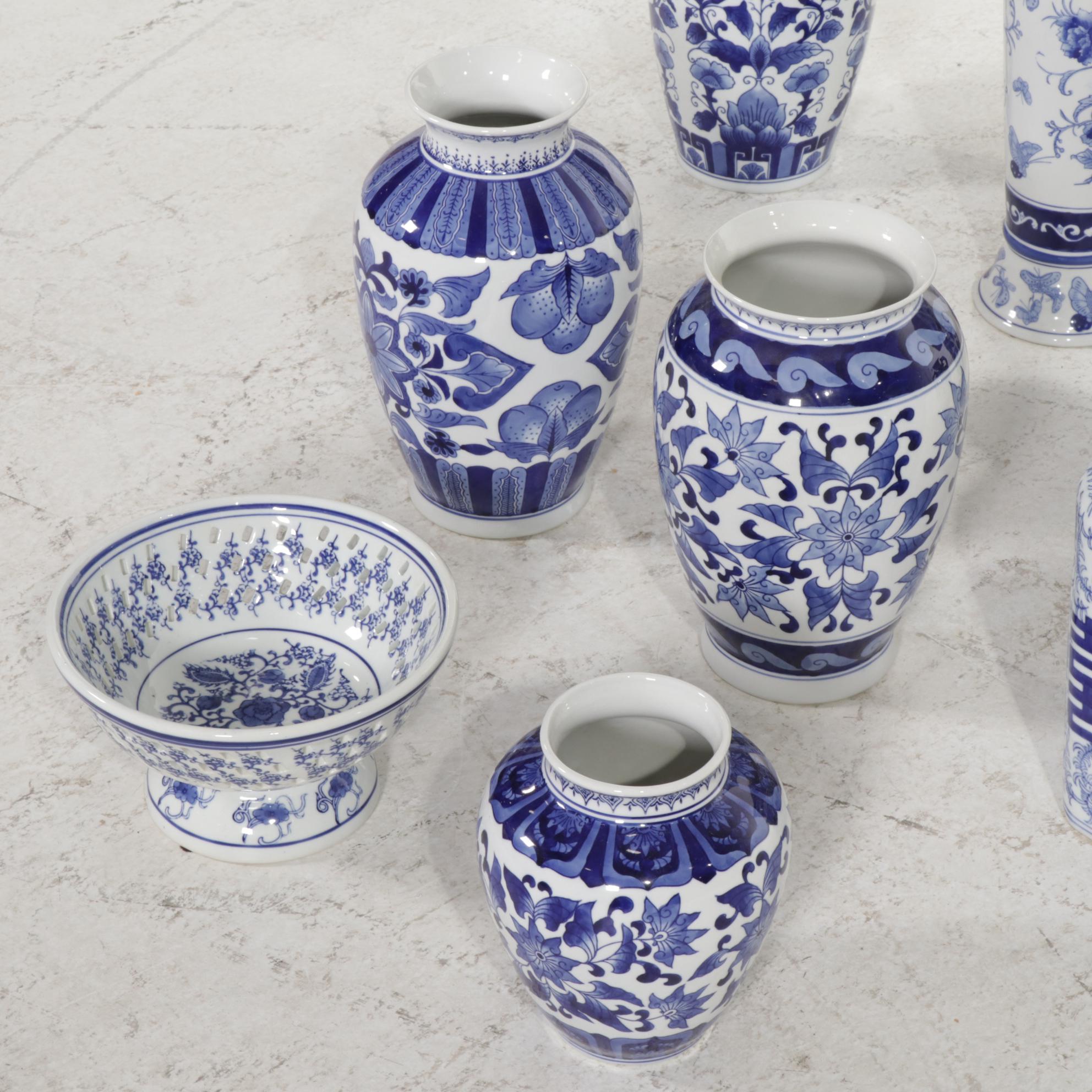 Chinese Blue and White and Other Delft Vases, Ginger Jar and Colander