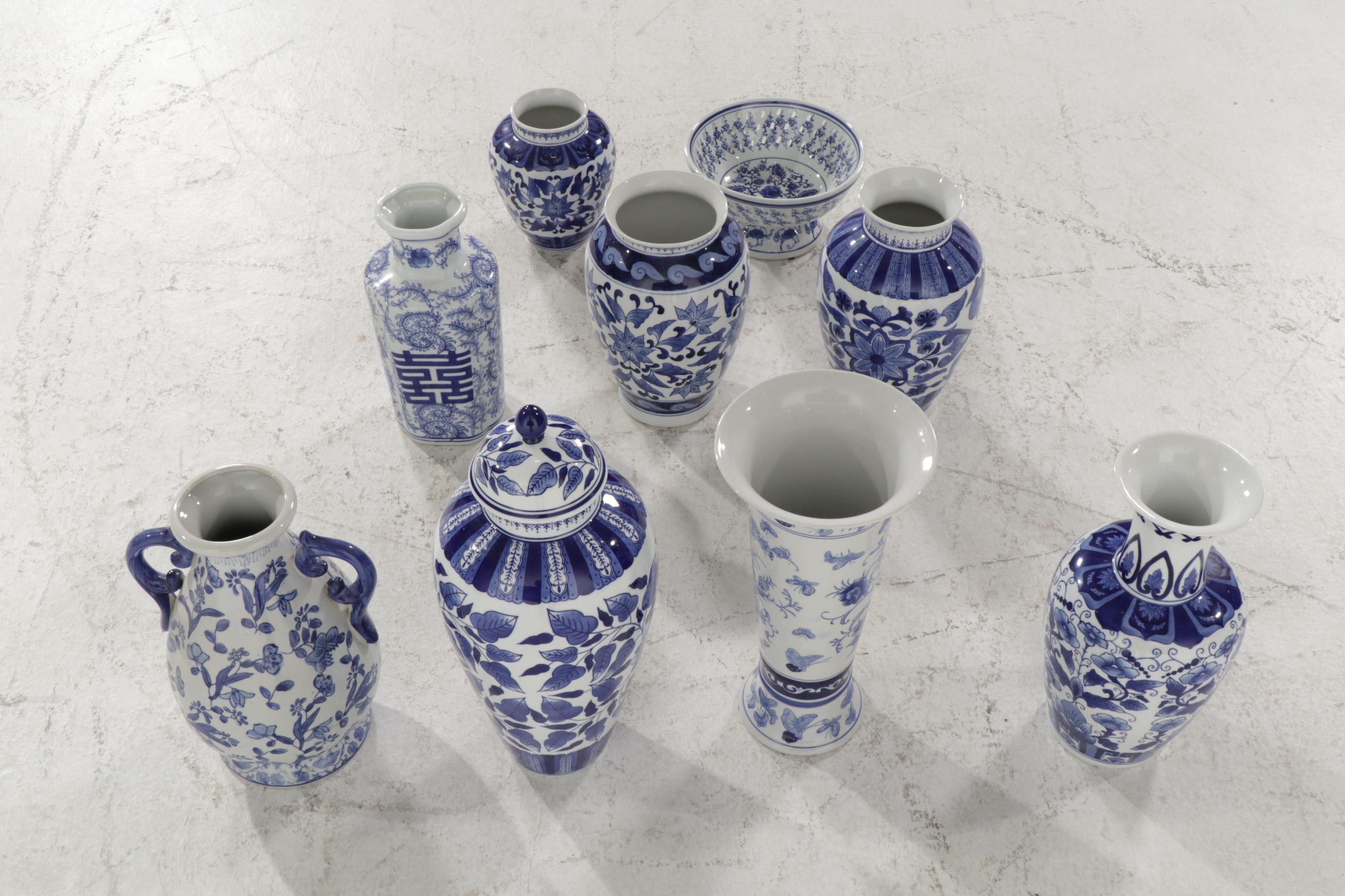 Chinese Blue and White and Other Delft Vases, Ginger Jar and Colander