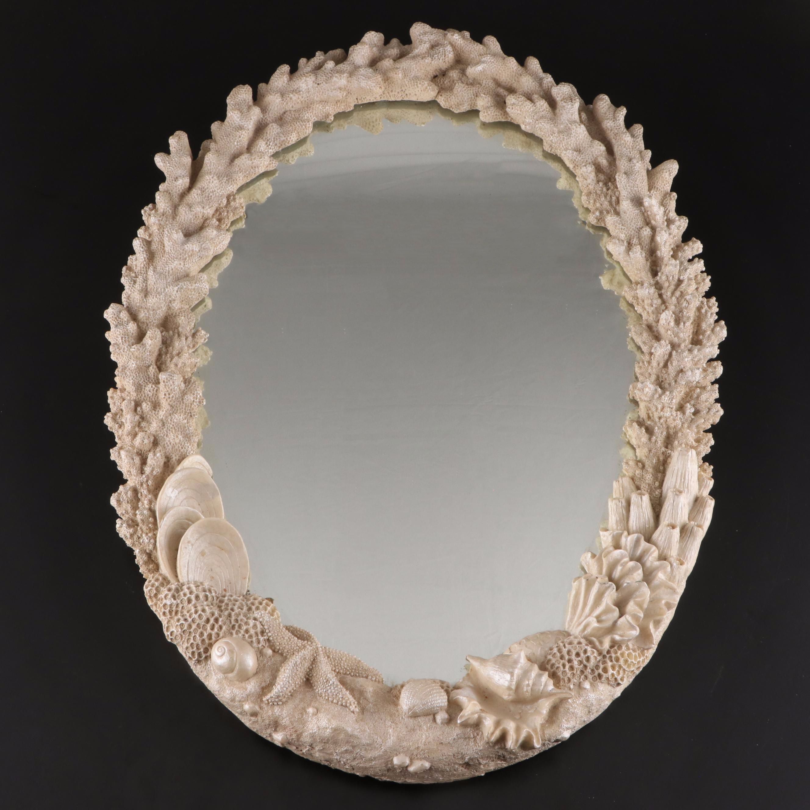 Resin Coral Wall Mirror with Queen Conch and Giant Triton Shells