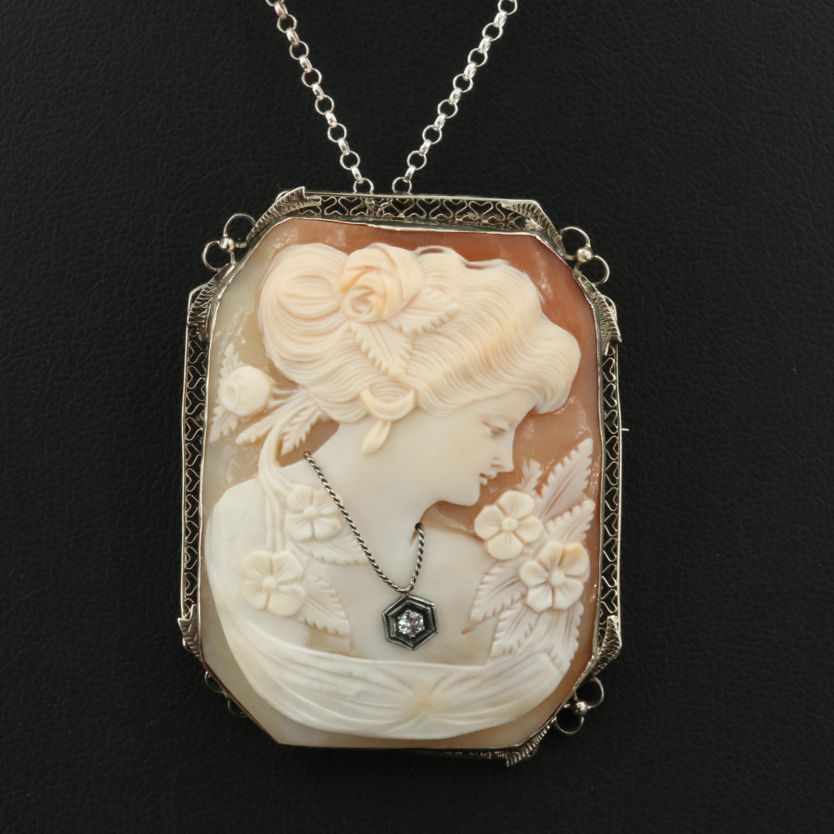 1930s 14K Shell and Diamond Cameo Habillé Converter Brooch on Sterling Necklace