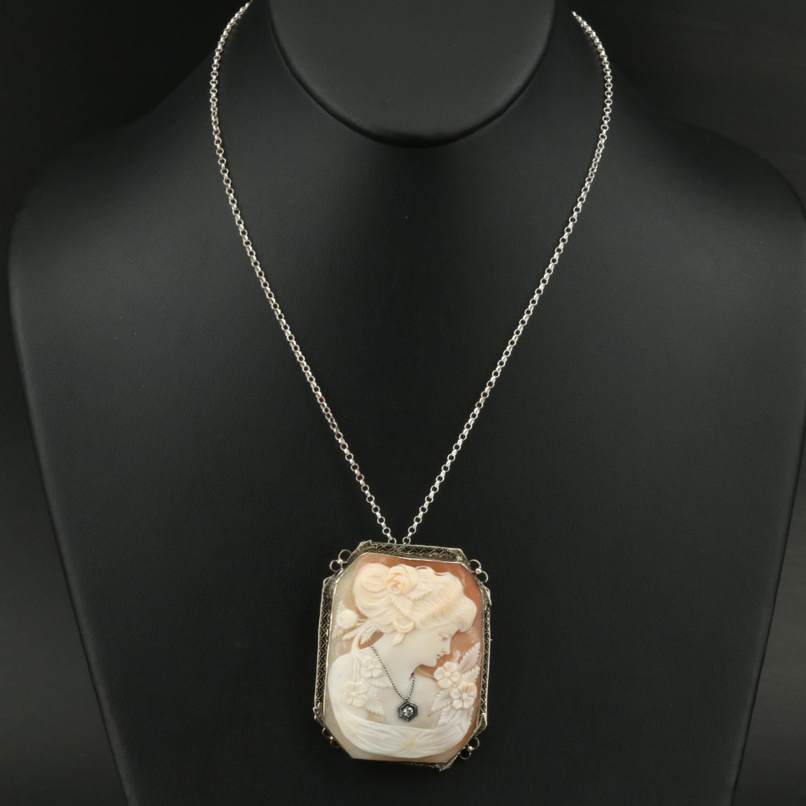 1930s 14K Shell and Diamond Cameo Habillé Converter Brooch on Sterling Necklace