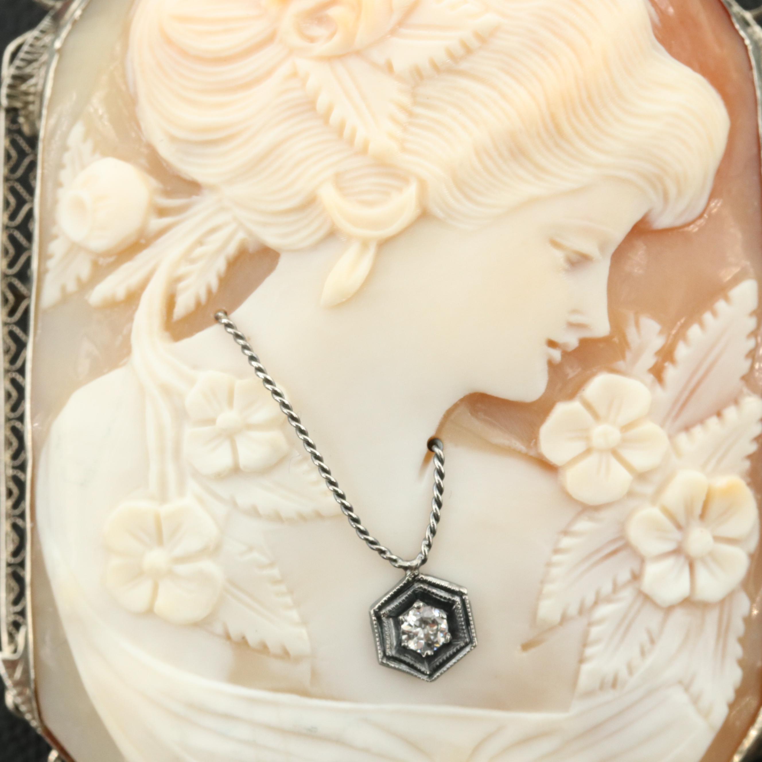 1930s 14K Shell and Diamond Cameo Habillé Converter Brooch on Sterling Necklace