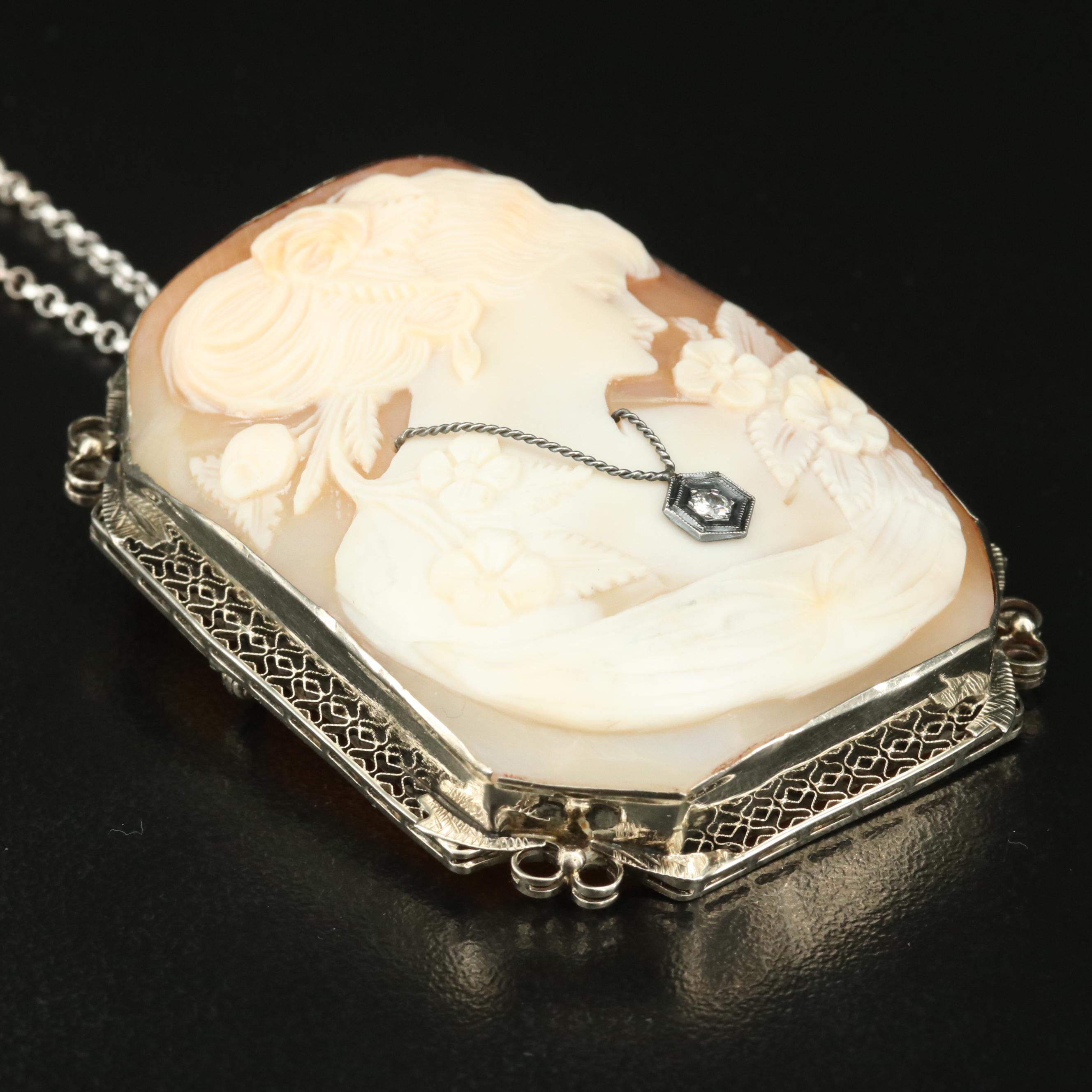1930s 14K Shell and Diamond Cameo Habillé Converter Brooch on Sterling Necklace