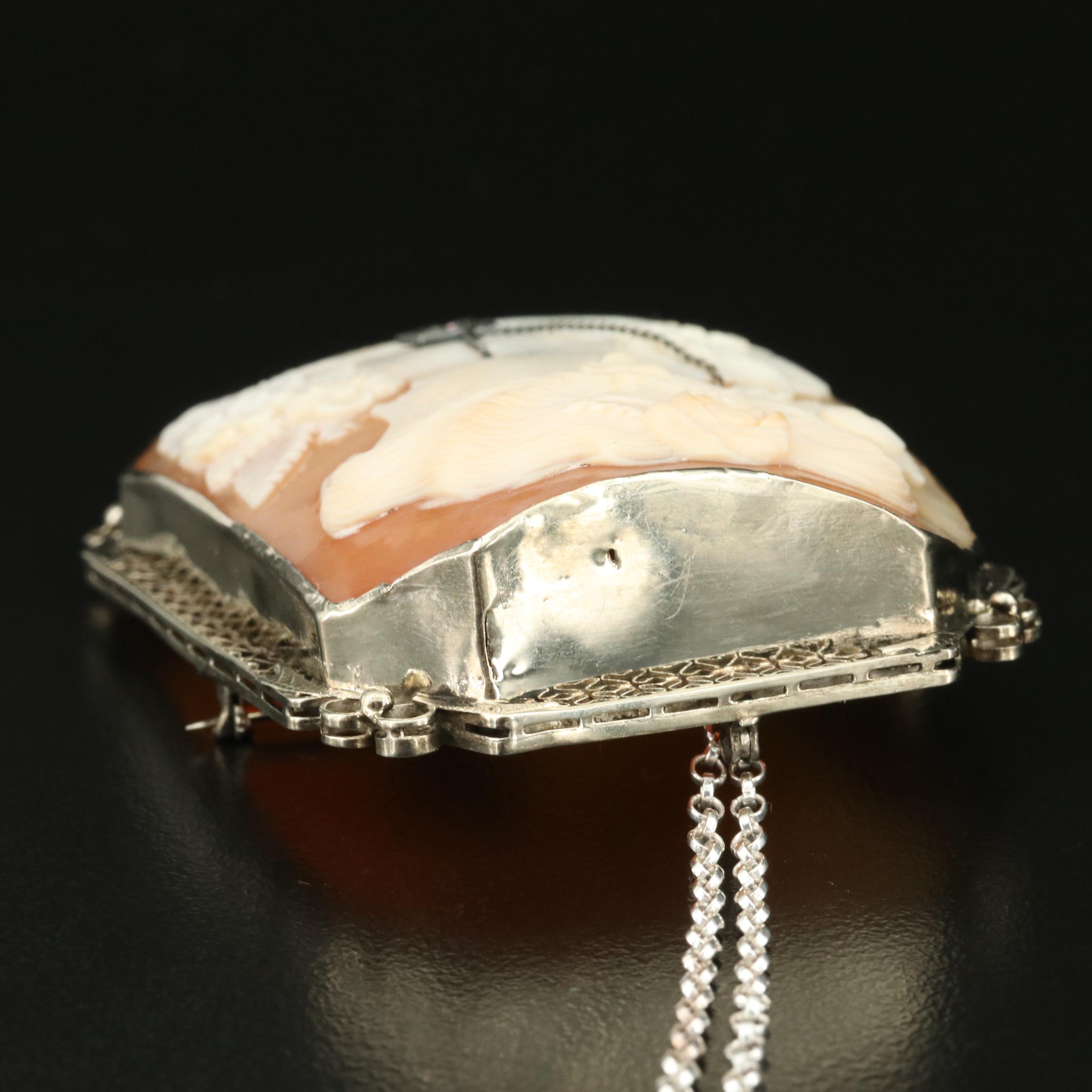 1930s 14K Shell and Diamond Cameo Habillé Converter Brooch on Sterling Necklace