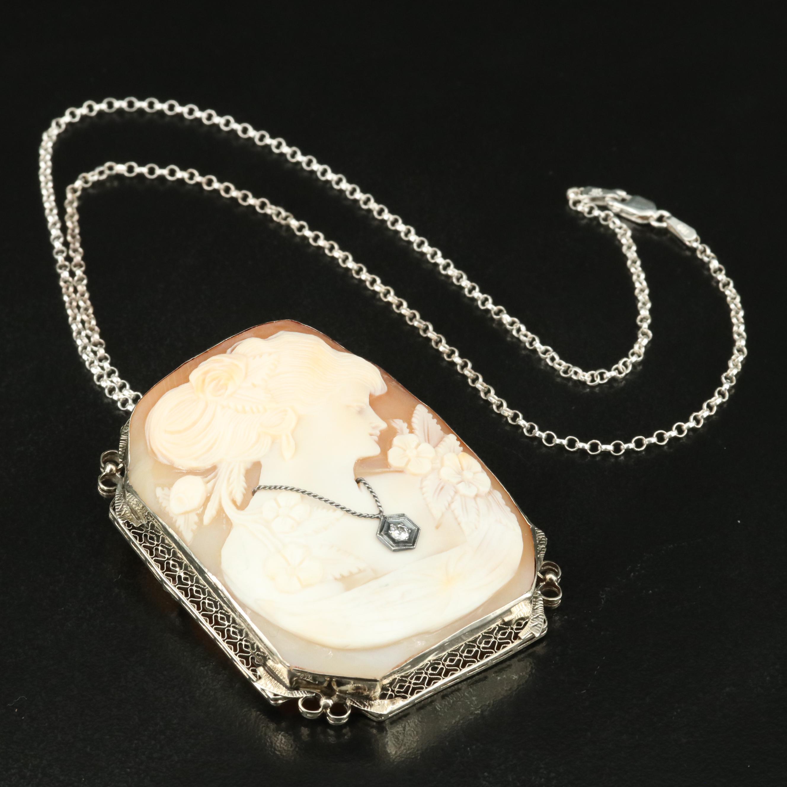 1930s 14K Shell and Diamond Cameo Habillé Converter Brooch on Sterling Necklace