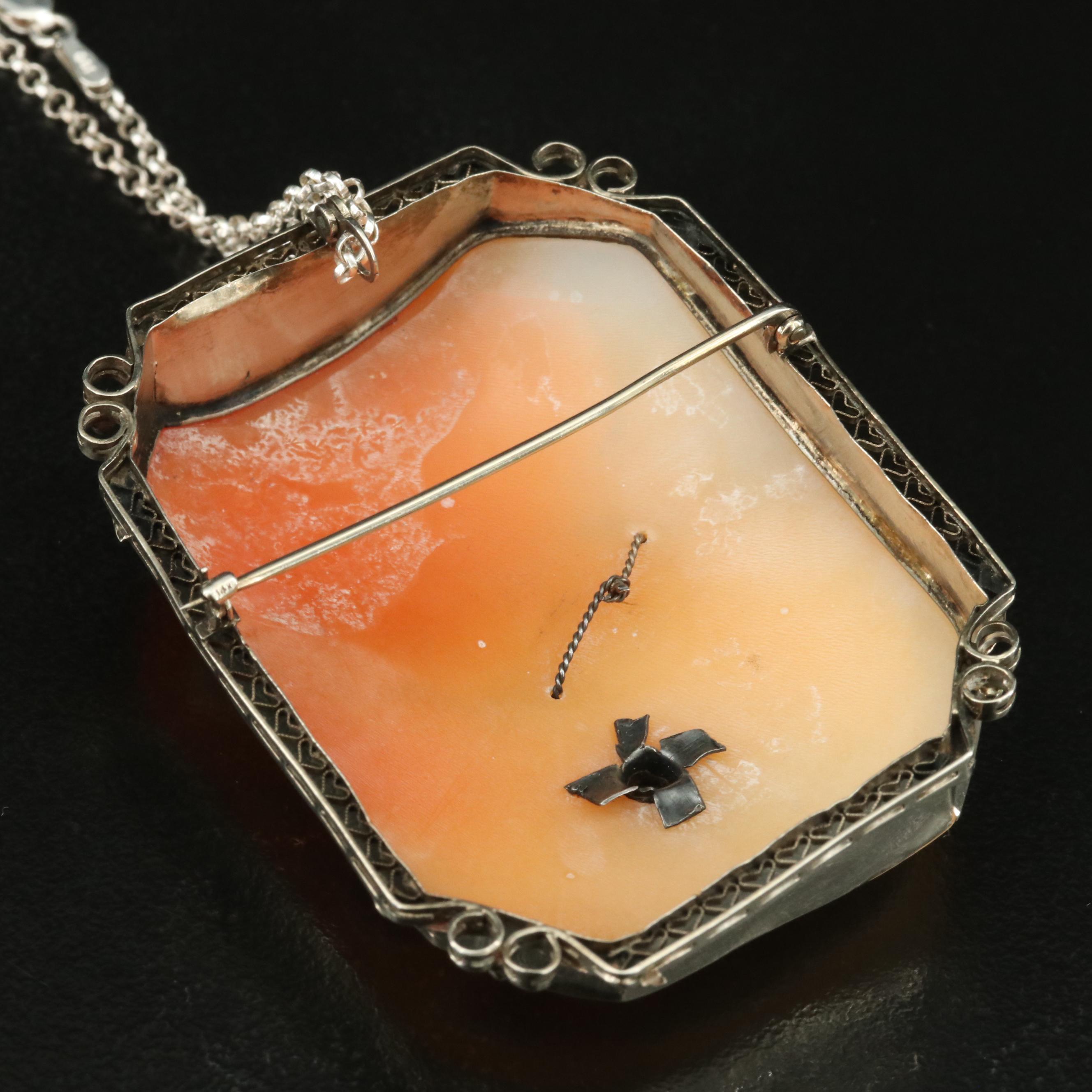 1930s 14K Shell and Diamond Cameo Habillé Converter Brooch on Sterling Necklace