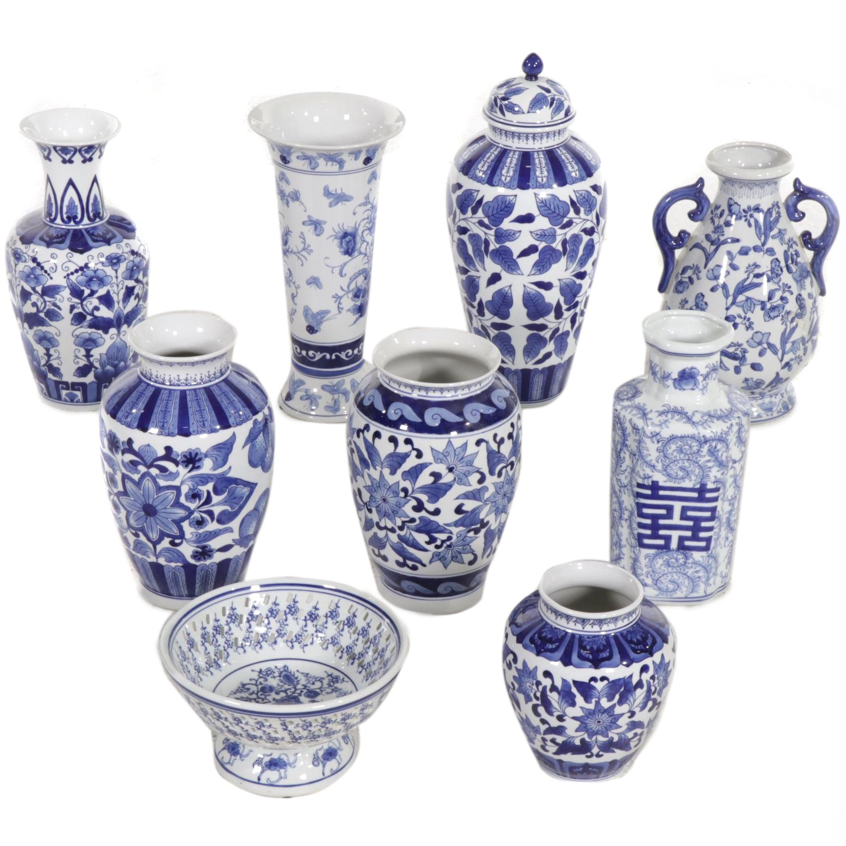 Chinese Blue and White and Other Delft Vases, Ginger Jar and Colander