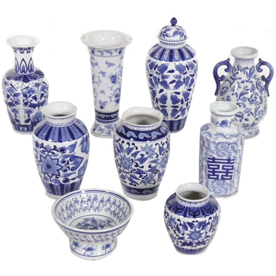 Chinese Blue and White and Other Delft Vases, Ginger Jar and Colander