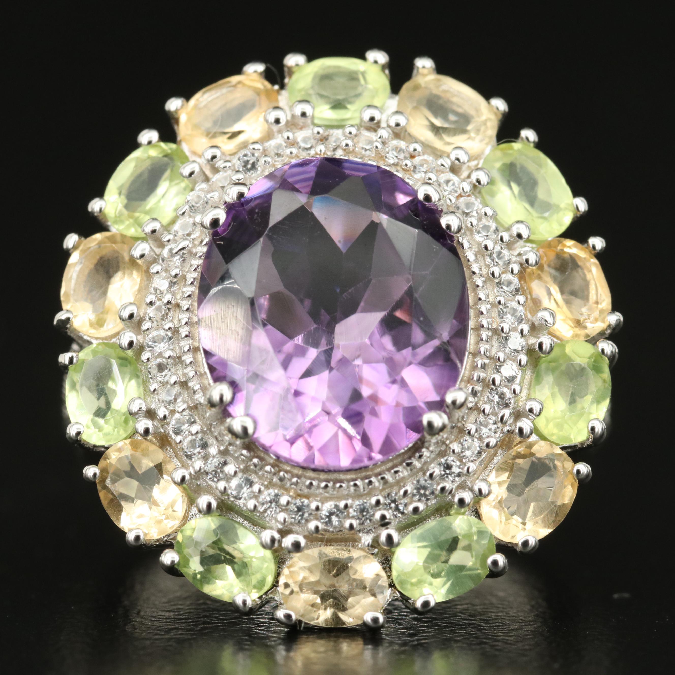 Sterling Amethyst, Peridot and Citrine Ring