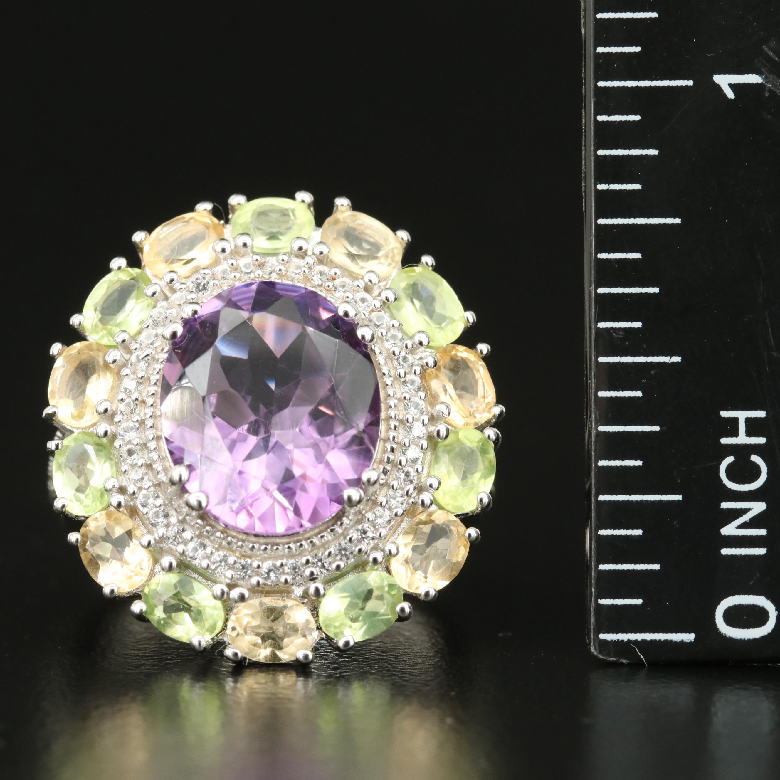 Sterling Amethyst, Peridot and Citrine Ring