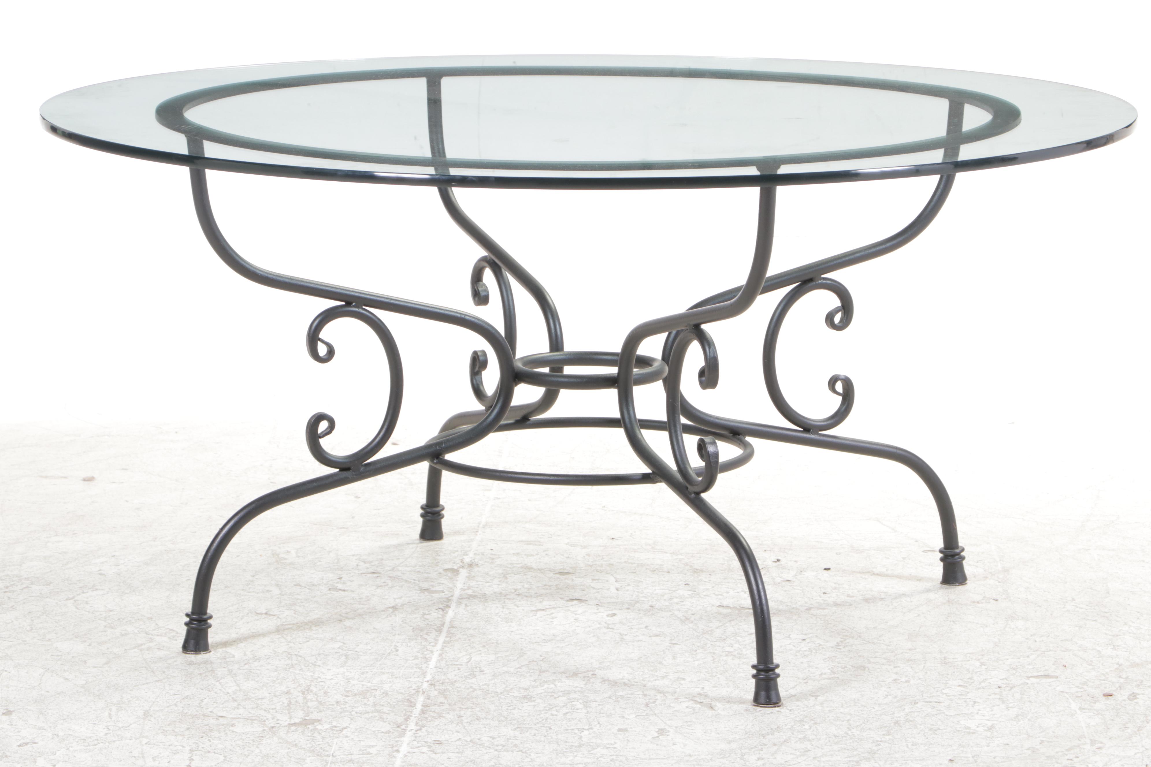 Four Pearson Custom-Upholstered Dining Chairs with Glass-Top Iron Table