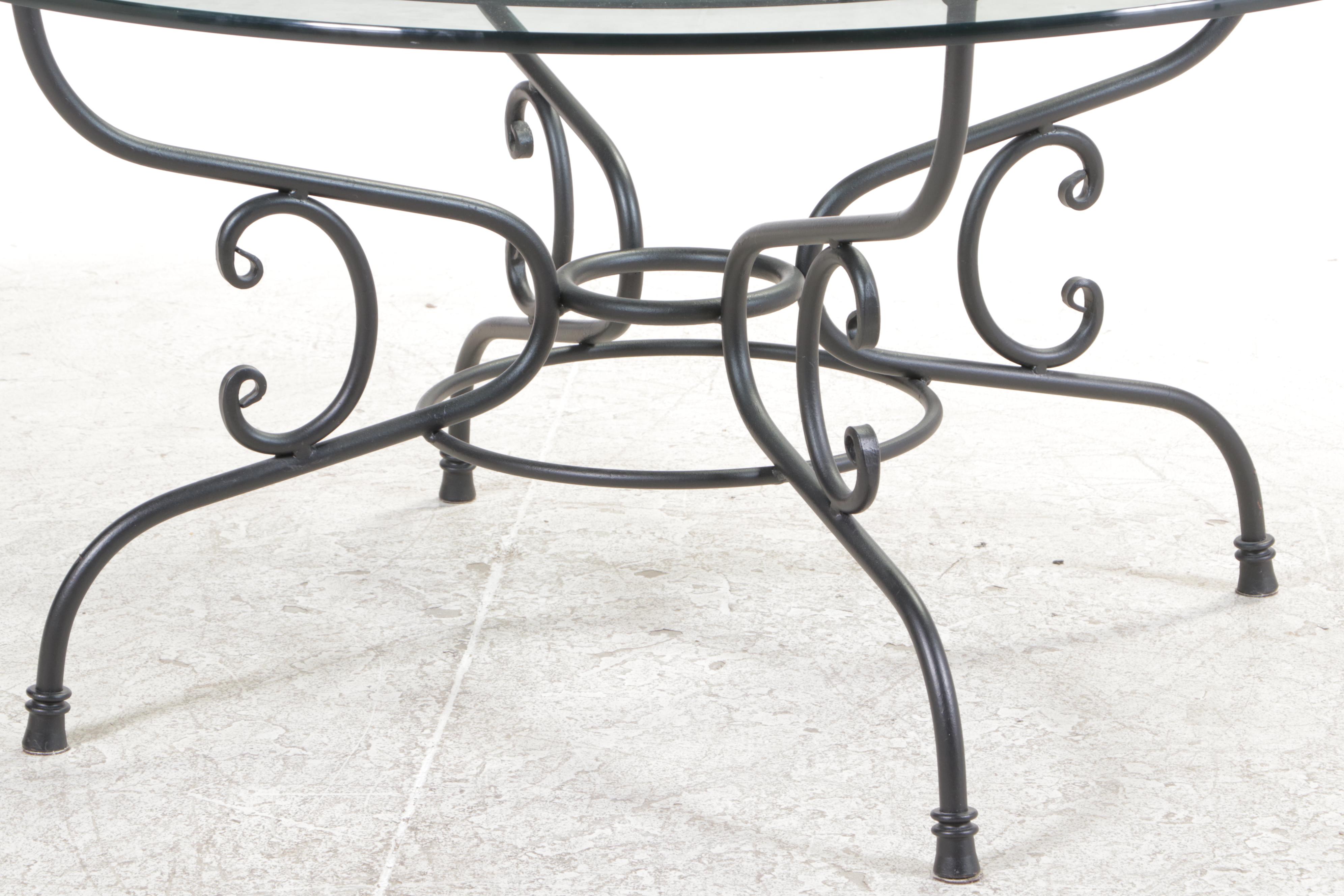 Four Pearson Custom-Upholstered Dining Chairs with Glass-Top Iron Table