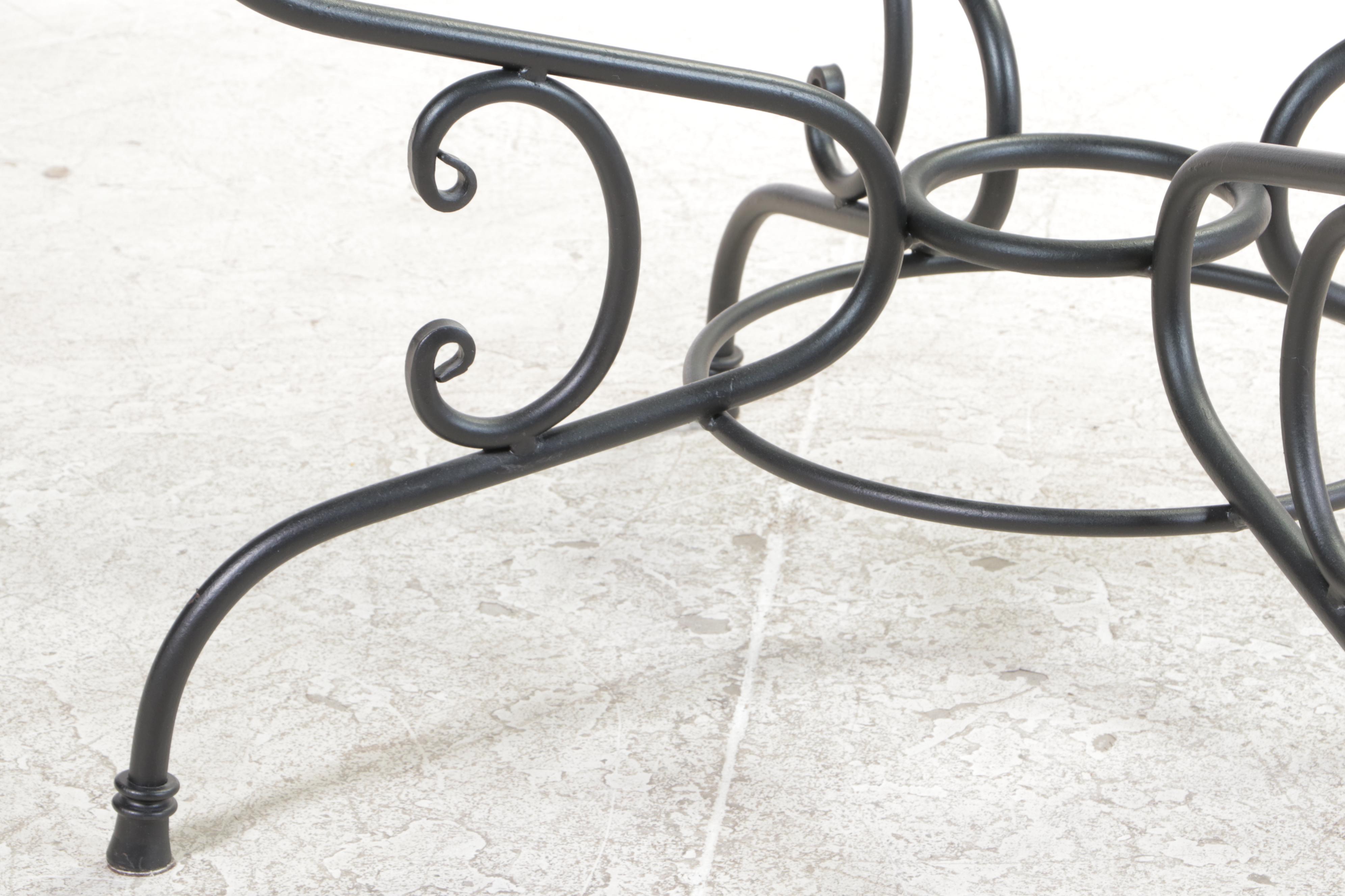 Four Pearson Custom-Upholstered Dining Chairs with Glass-Top Iron Table