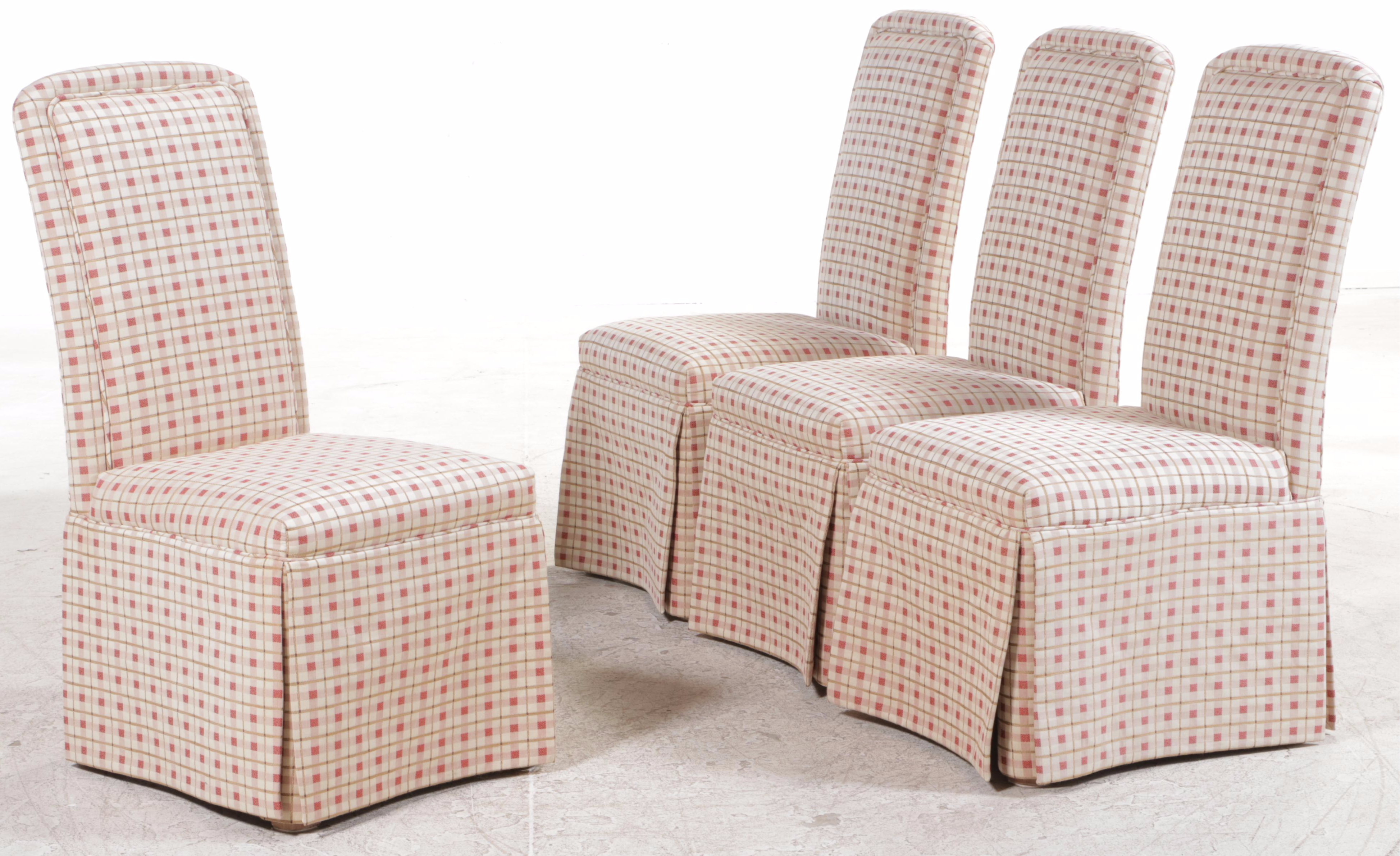 Four Pearson Custom-Upholstered Dining Chairs with Glass-Top Iron Table