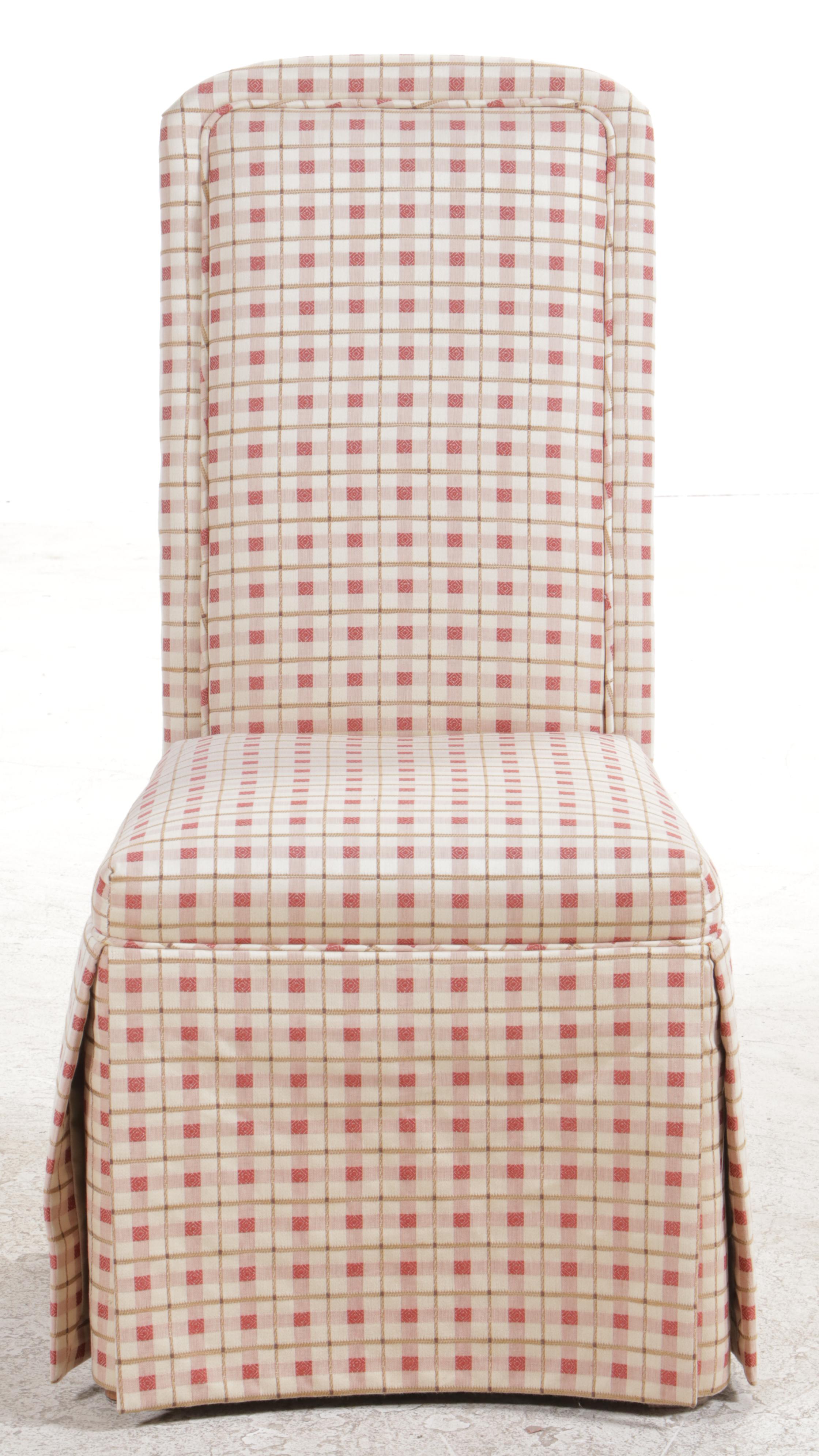 Four Pearson Custom-Upholstered Dining Chairs with Glass-Top Iron Table