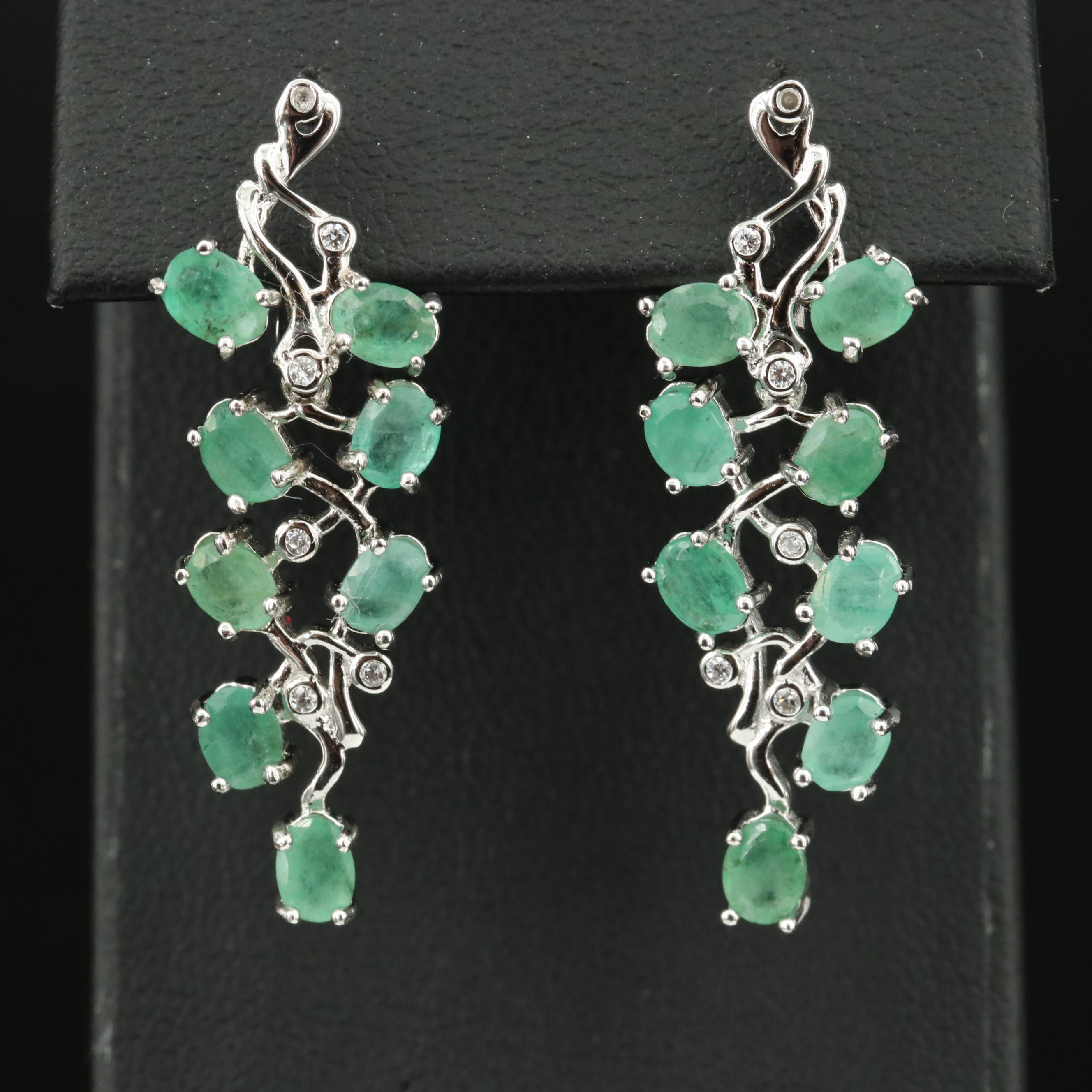 Sterling Emerald and Cubic Zirconia Foliate Earrings
