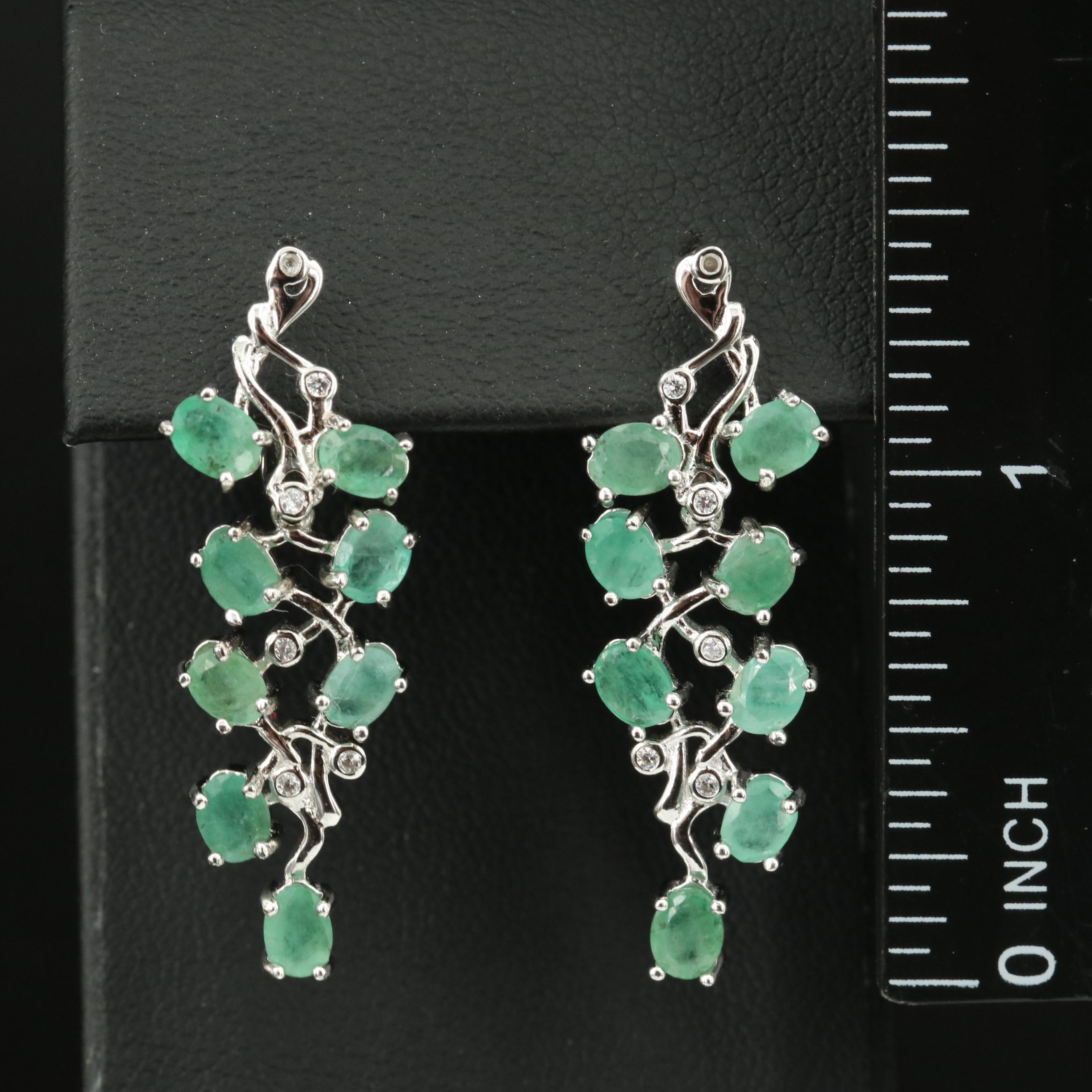 Sterling Emerald and Cubic Zirconia Foliate Earrings