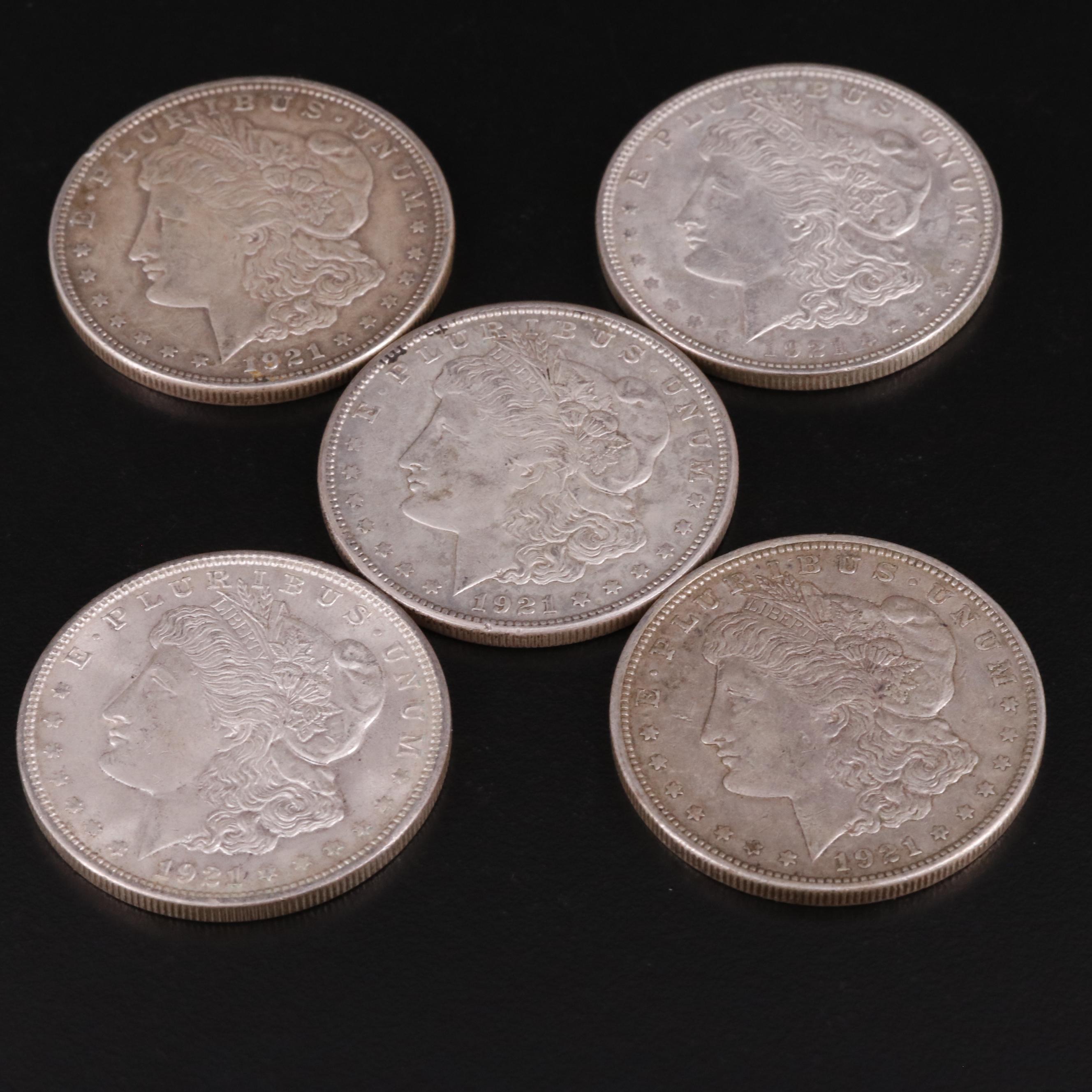 Five 1921 Morgan Silver Dollars
