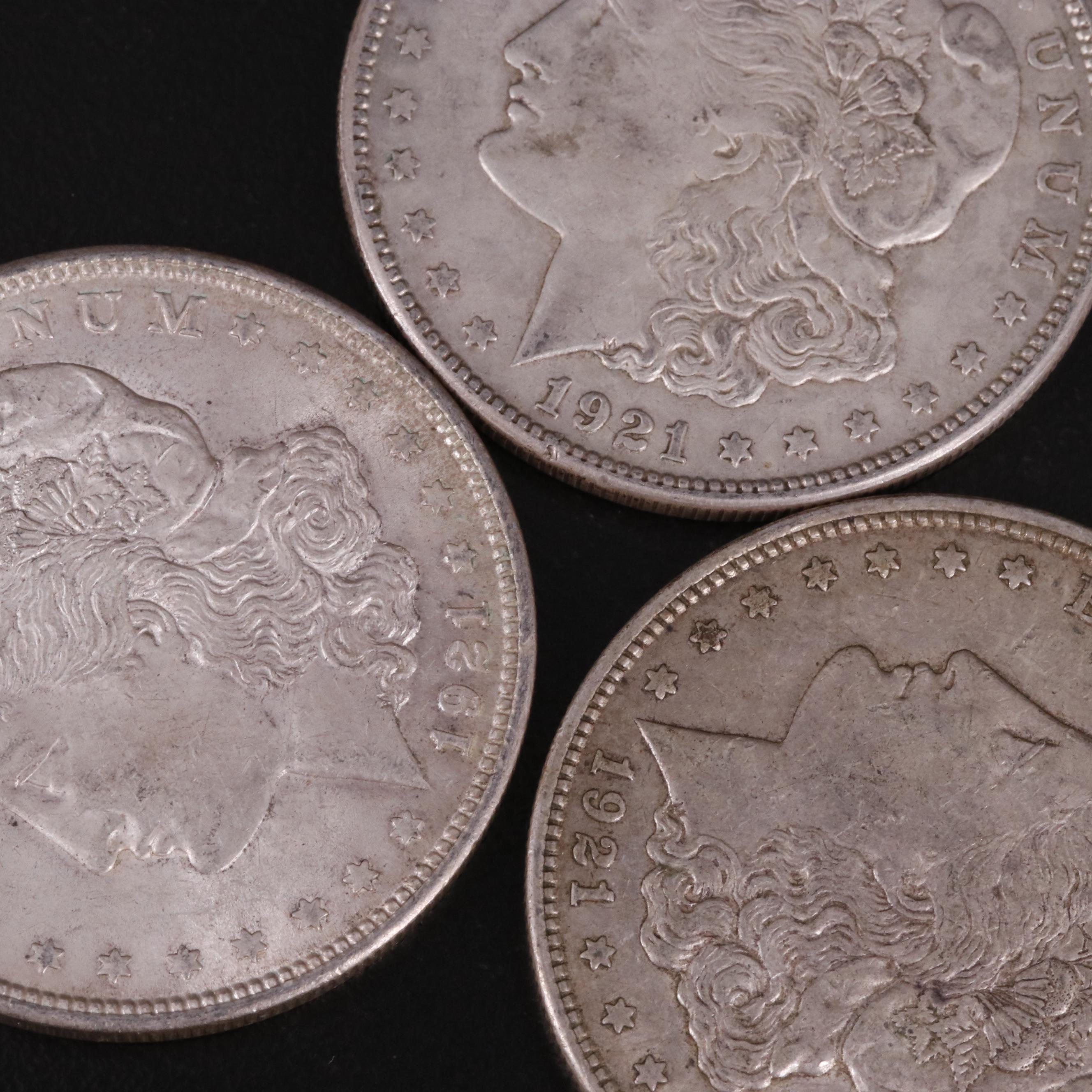 Five 1921 Morgan Silver Dollars