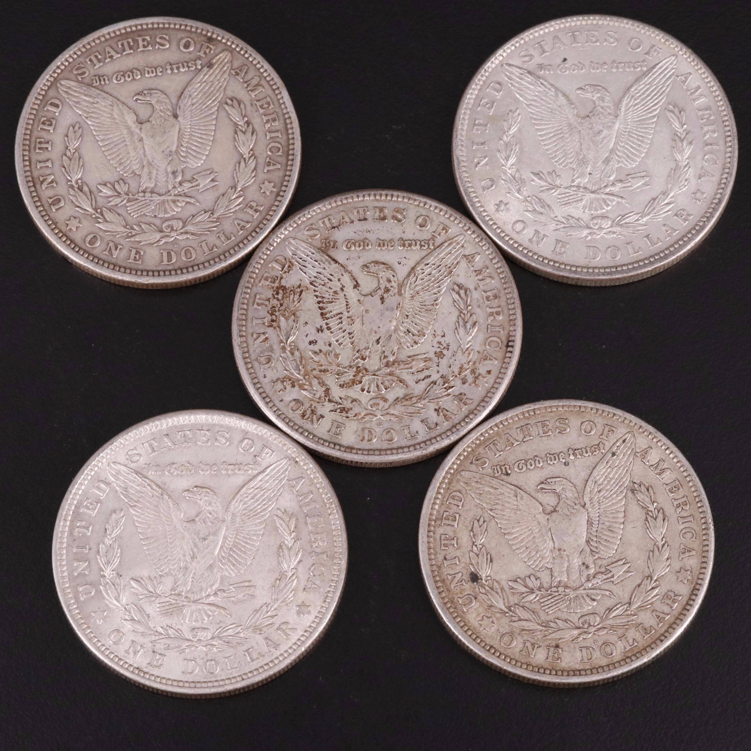Five 1921 Morgan Silver Dollars