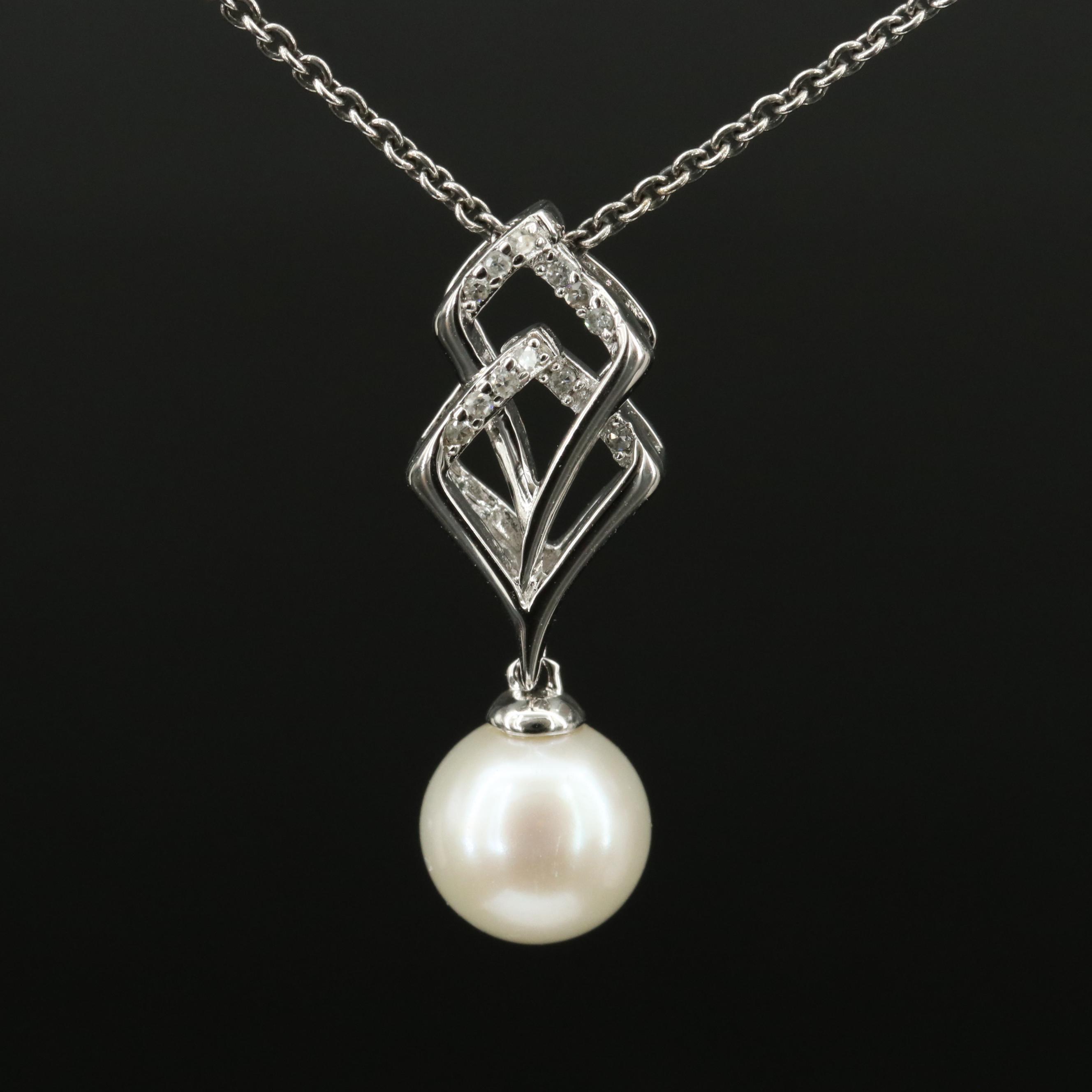 Sterling Pearl and Diamond Pendant Necklace