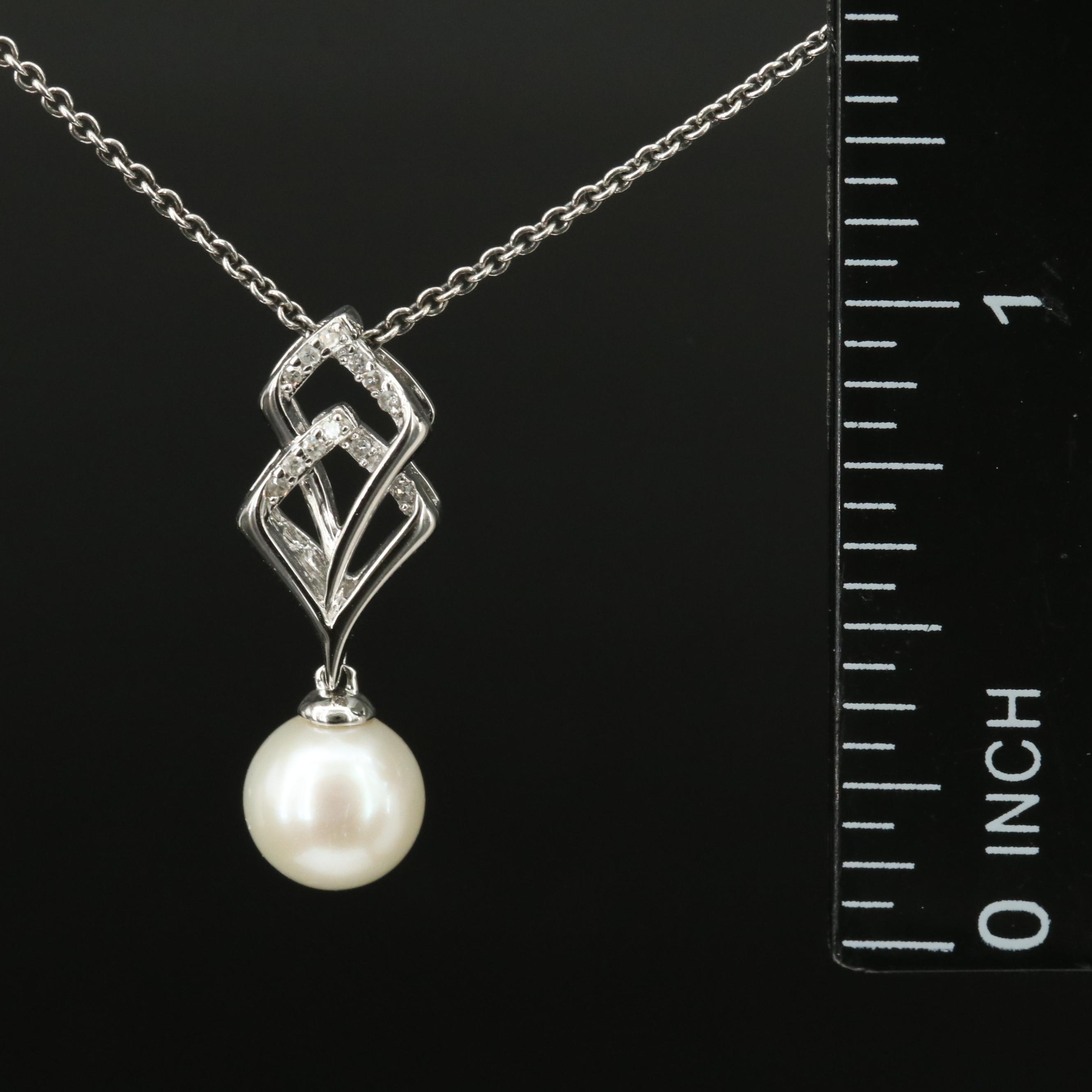 Sterling Pearl and Diamond Pendant Necklace