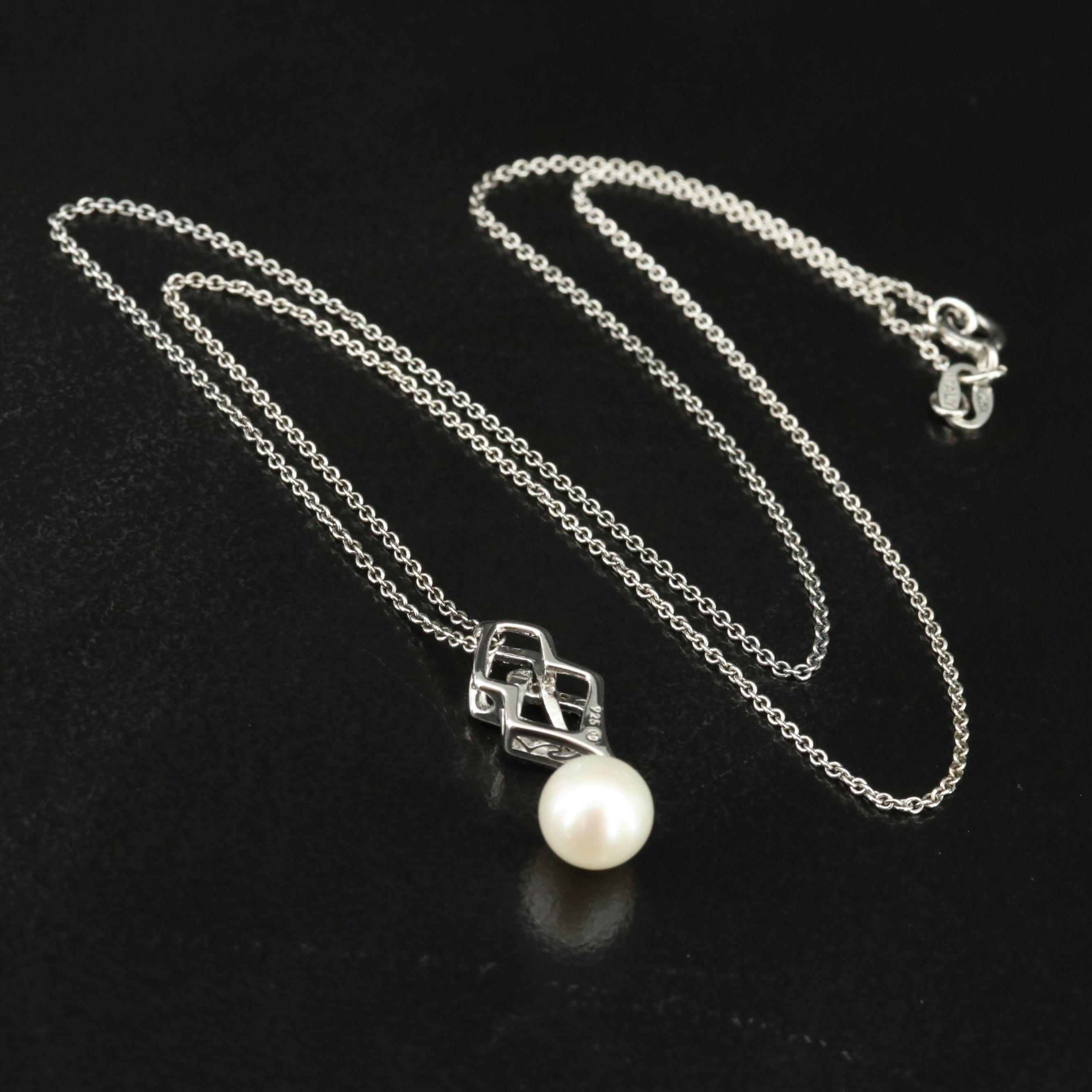 Sterling Pearl and Diamond Pendant Necklace