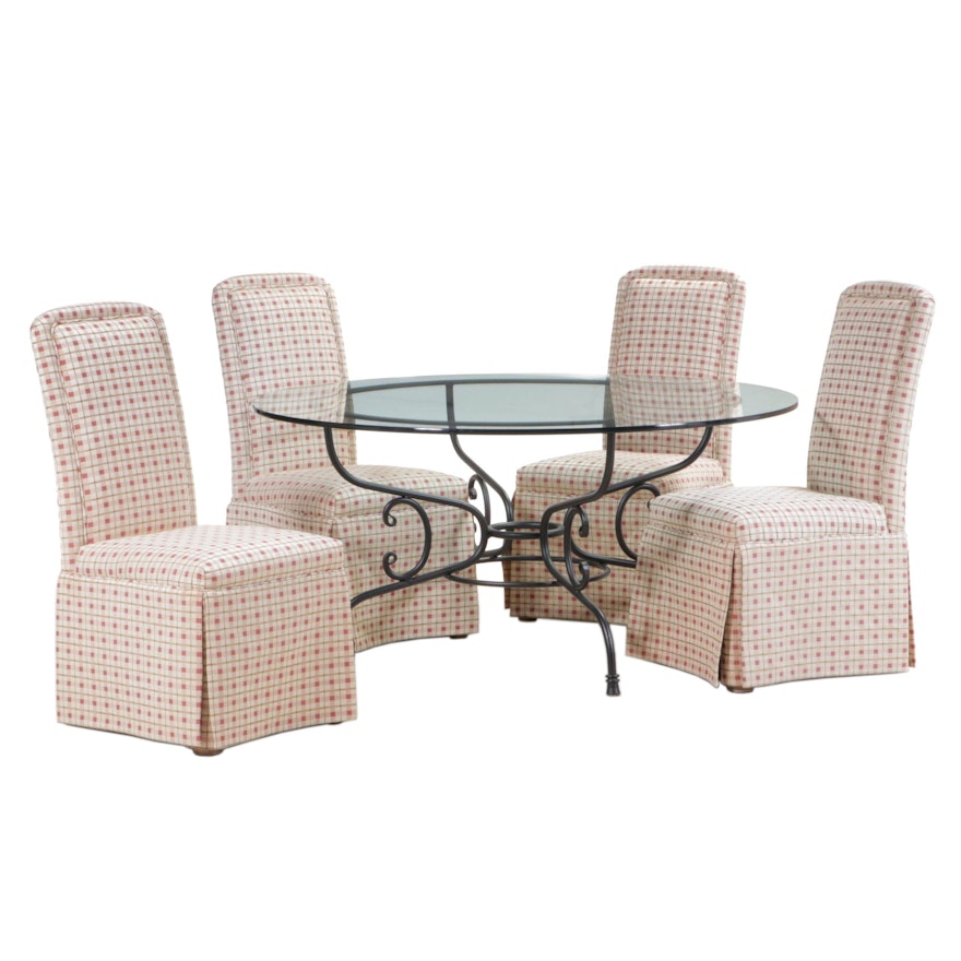 Four Pearson Custom-Upholstered Dining Chairs with Glass-Top Iron Table