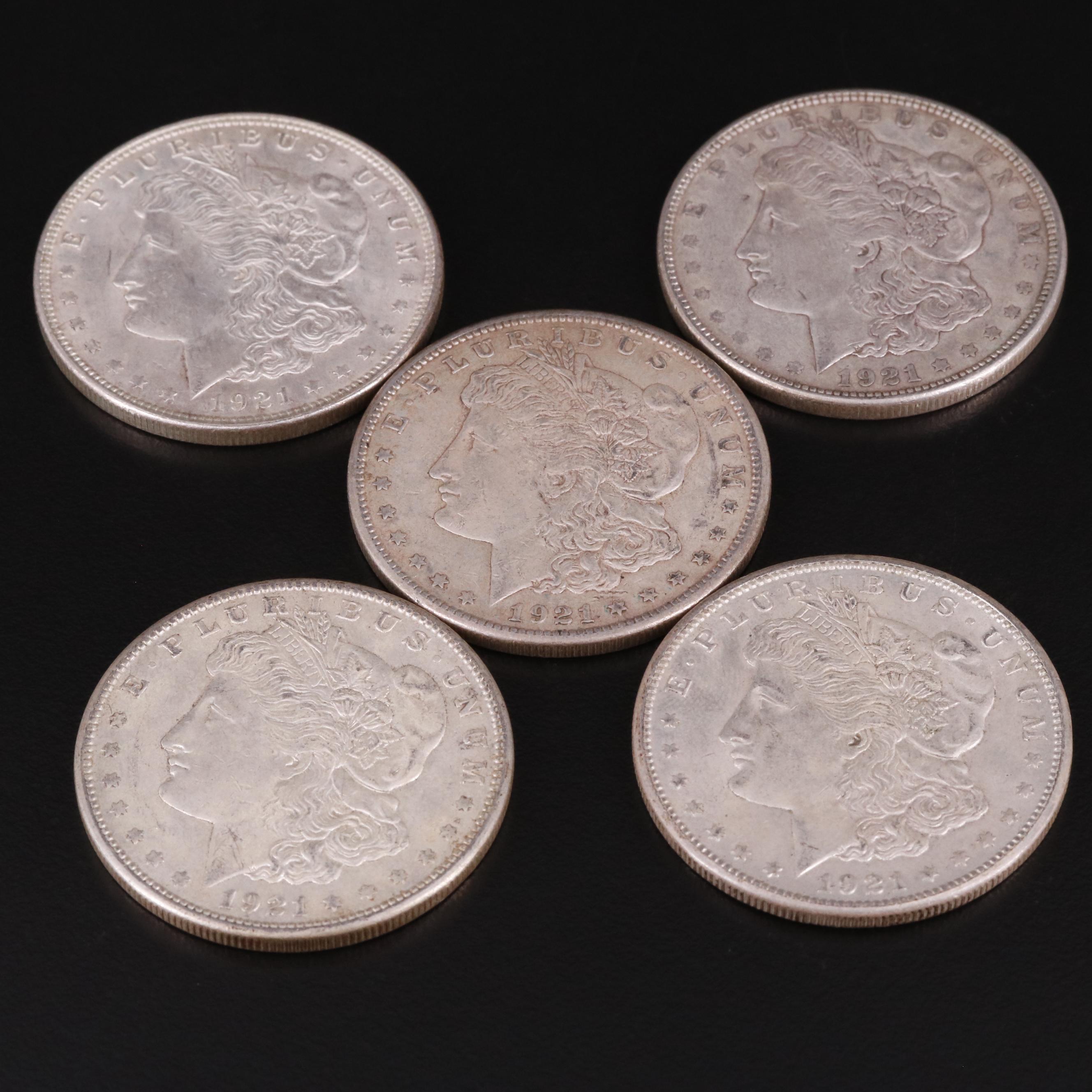 Five 1921 Morgan Silver Dollars