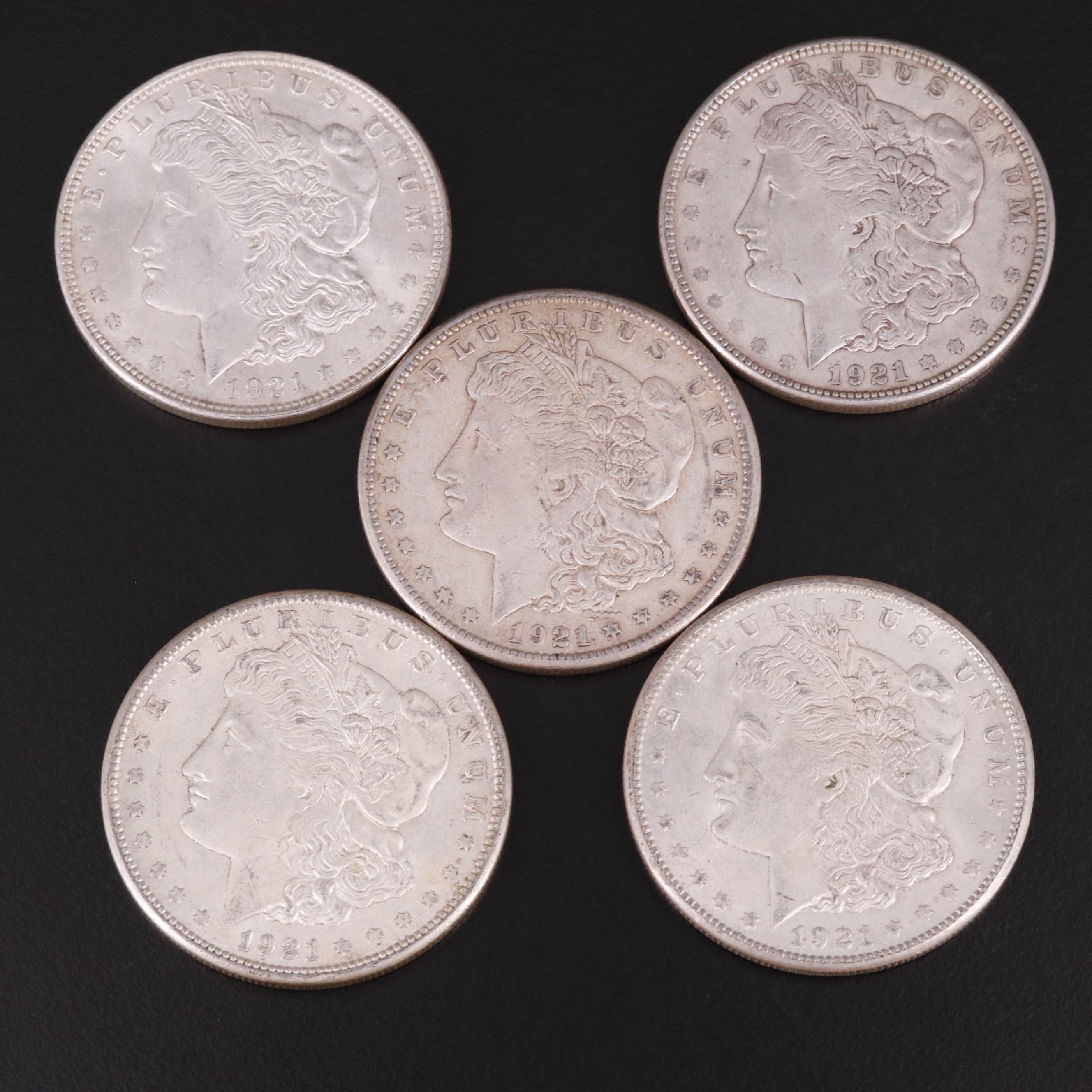 Five 1921 Morgan Silver Dollars