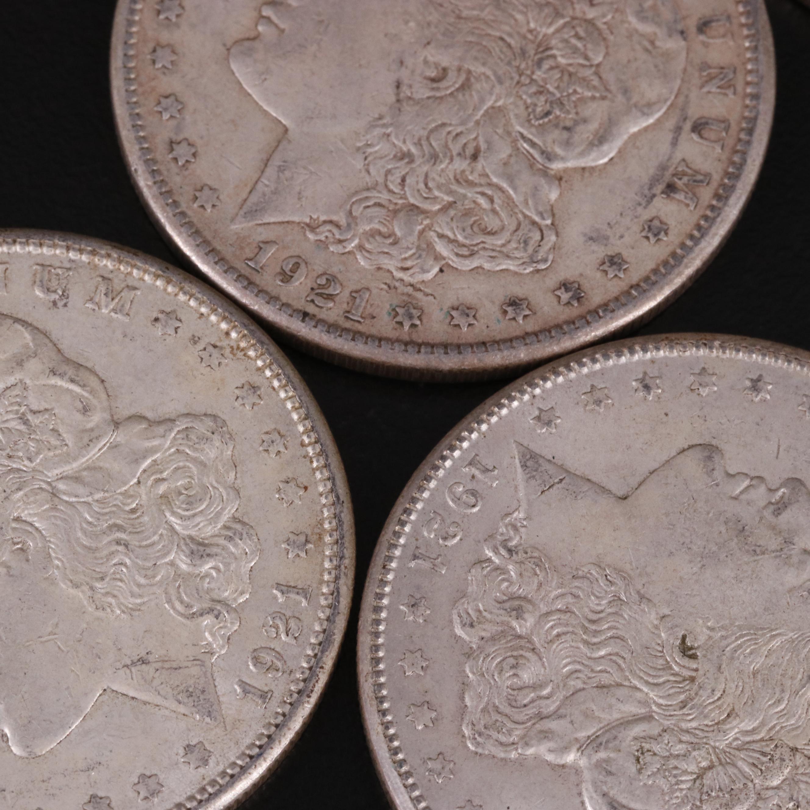 Five 1921 Morgan Silver Dollars