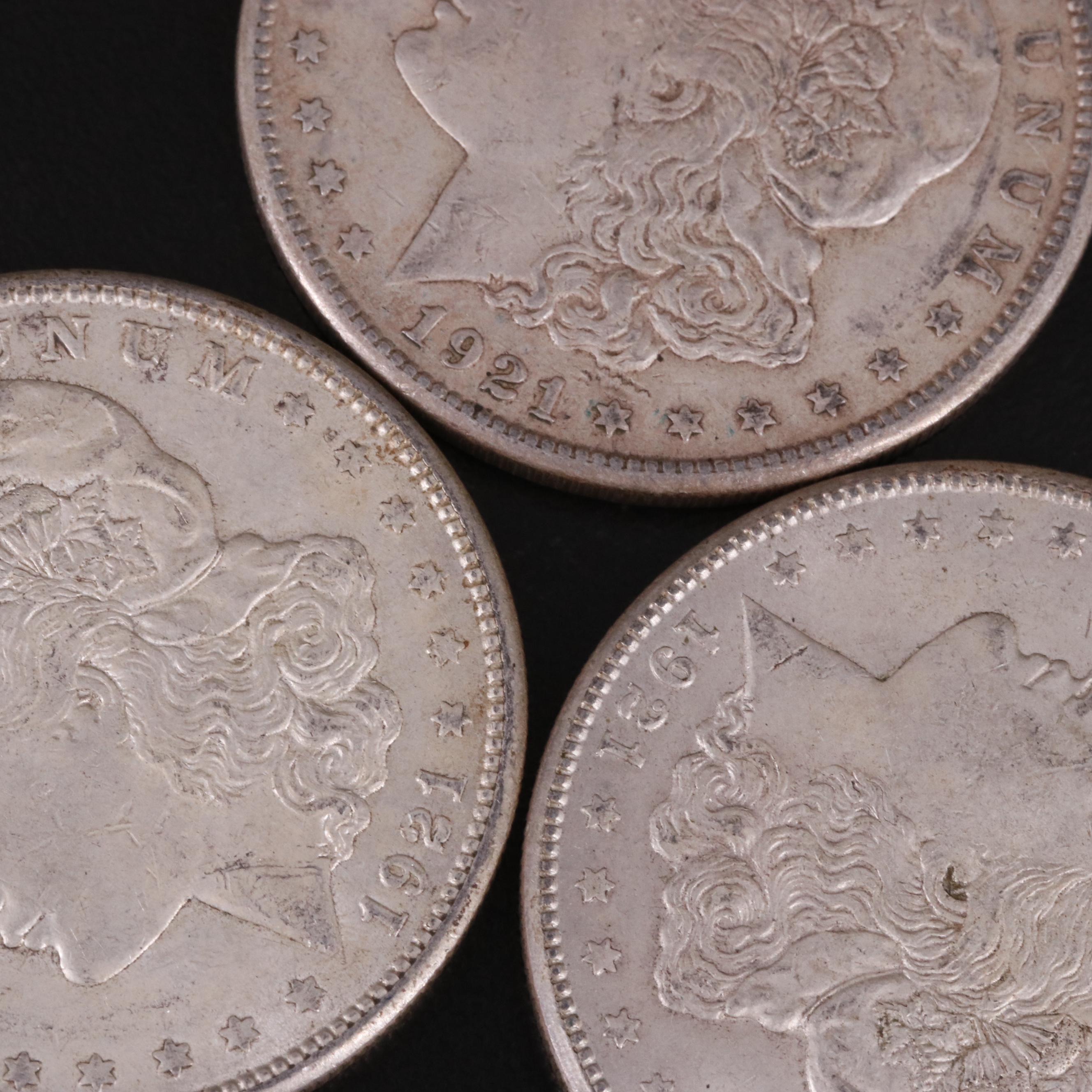 Five 1921 Morgan Silver Dollars